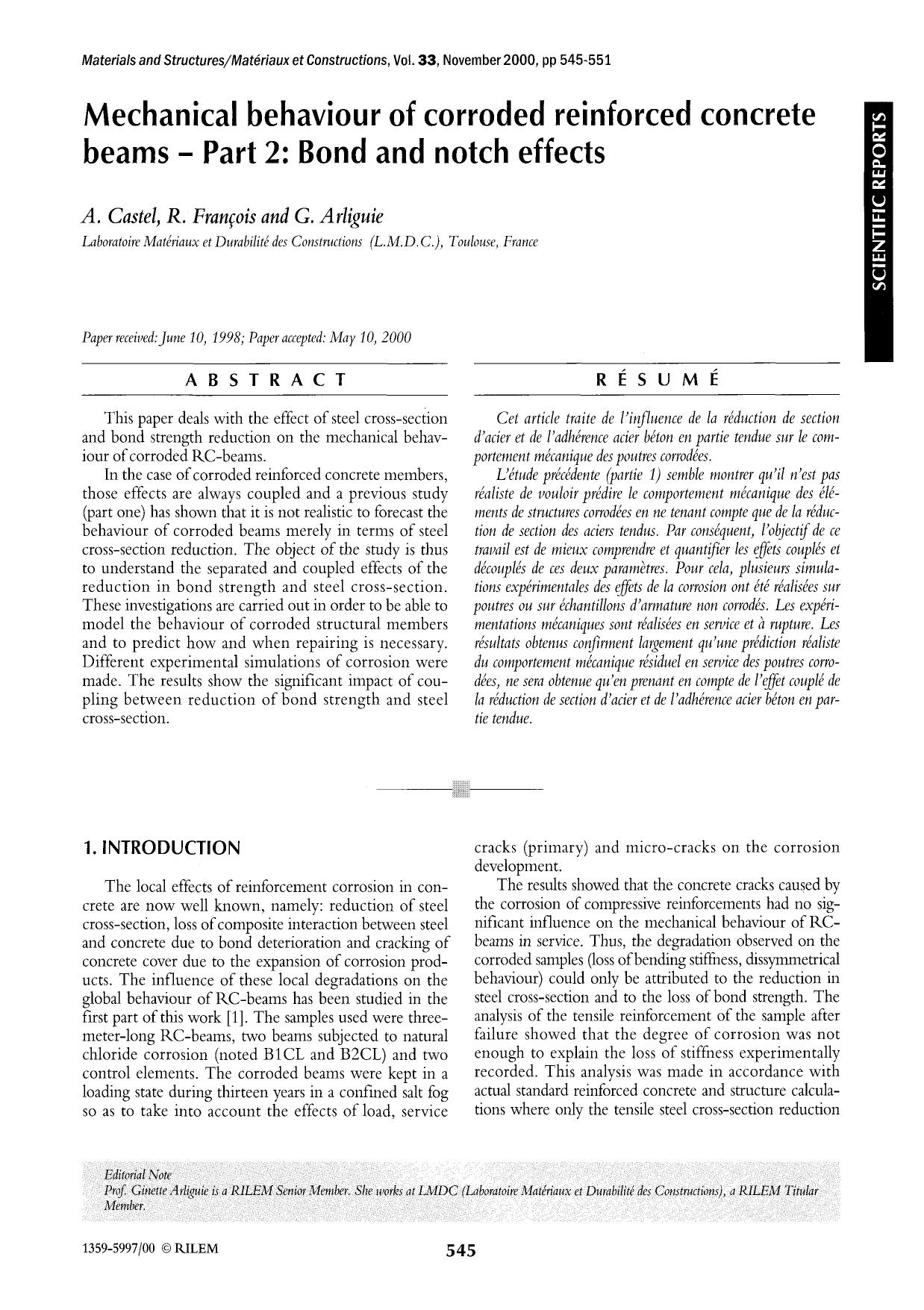 Mechanical behaviour of corroded reinforced concrete beams&#x2014;Part 2: Bond and notch effects by Unknown