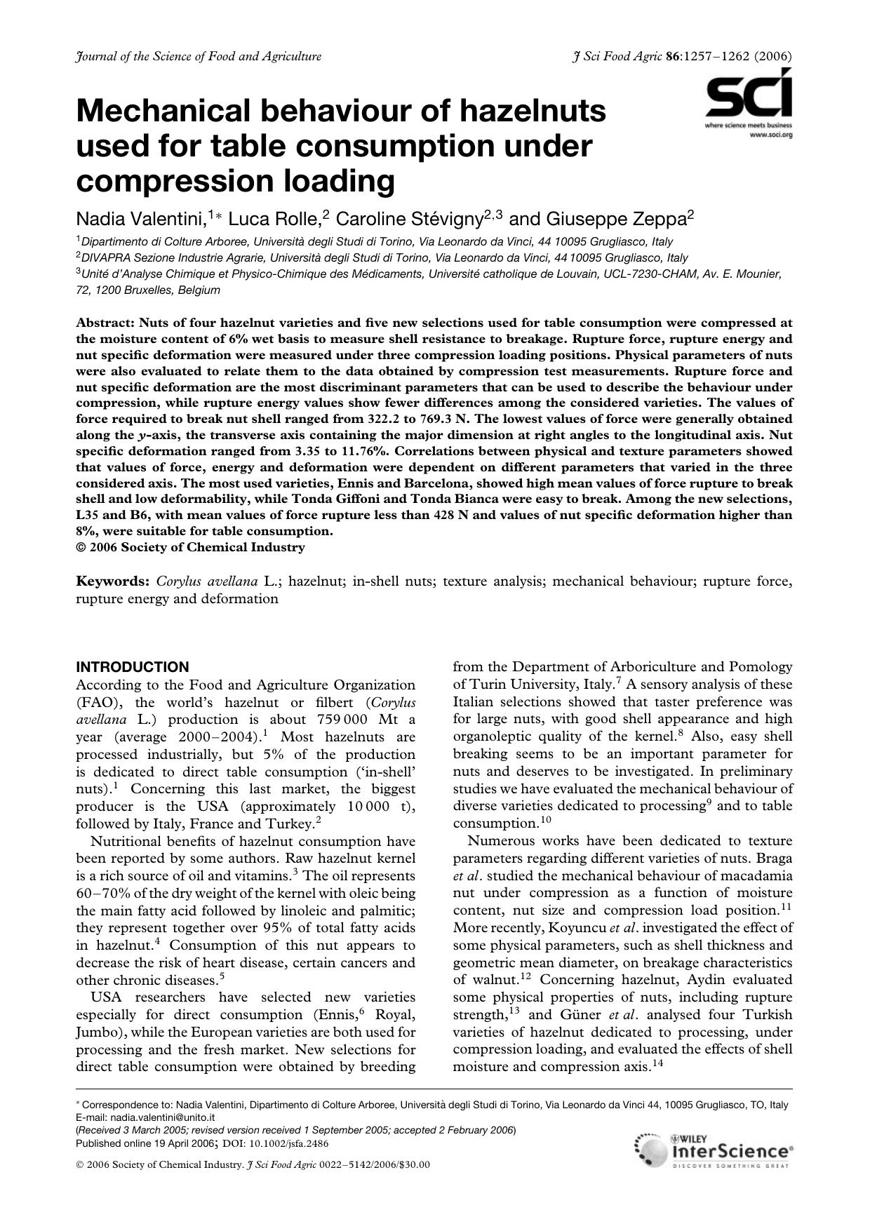 Mechanical behaviour of hazelnuts used for table consumption under compression loading by Unknown