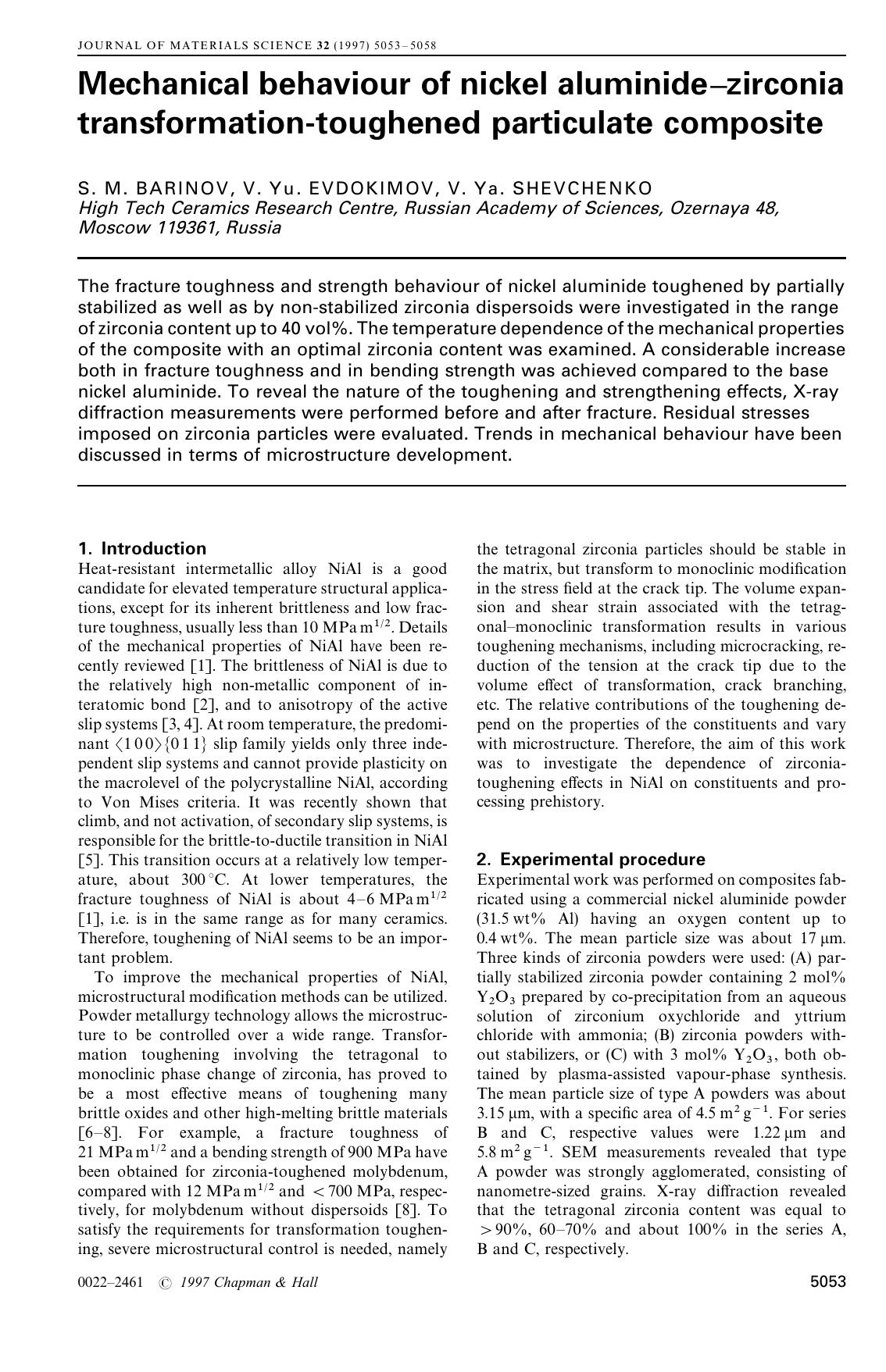 Mechanical behaviour of nickel aluminide–zirconia transformation-toughened particulate composite by Unknown