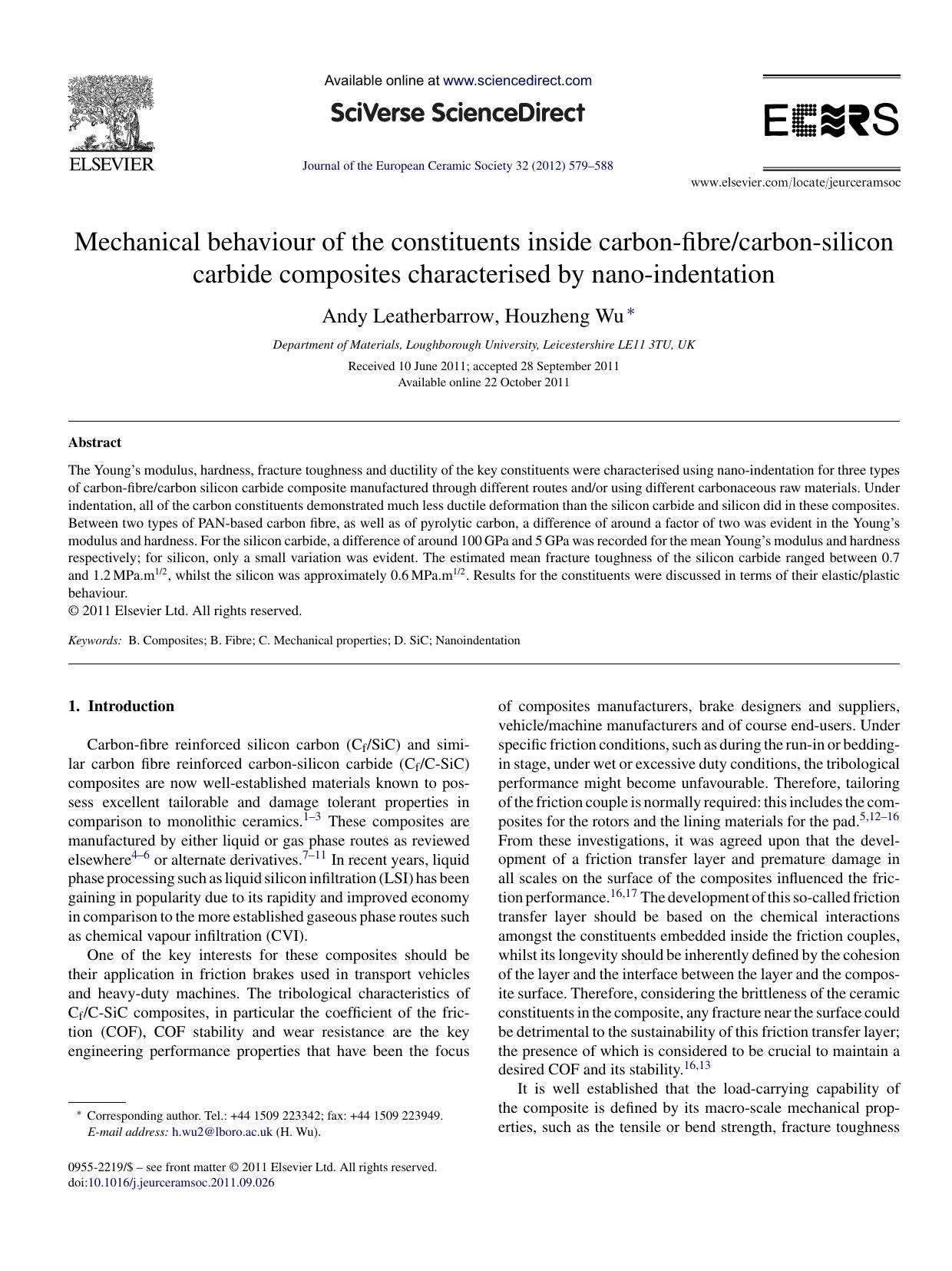 Mechanical behaviour of the constituents inside carbon-fibrecarbon-silicon carbide composites characterised by nano-indentation by Andy Leatherbarrow