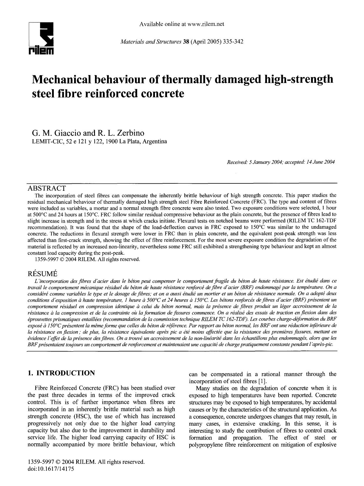 Mechanical behaviour of thermally damaged high-strength steel fibre reinforced concrete by Unknown