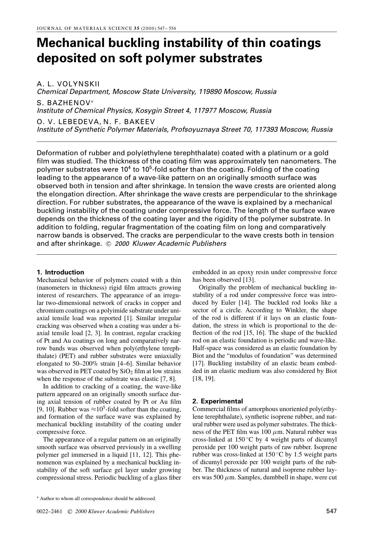 Mechanical buckling instability of thin coatings deposited on soft polymer substrates by Unknown