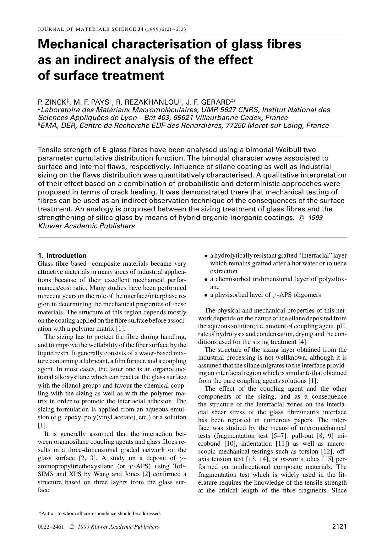 Mechanical characterisation of glass fibres as an indirect analysis of the effect of surface treatment by Unknown