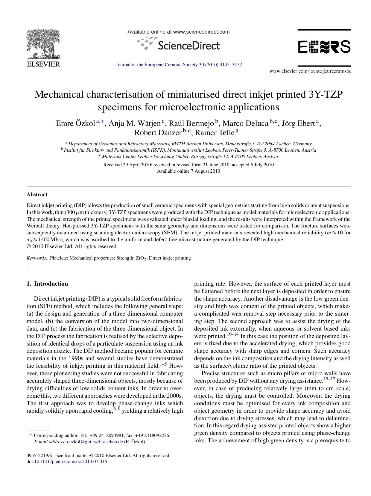Mechanical characterisation of miniaturised direct inkjet printed 3Y-TZP specimens for microelectronic applications by Emre Ã–zkol