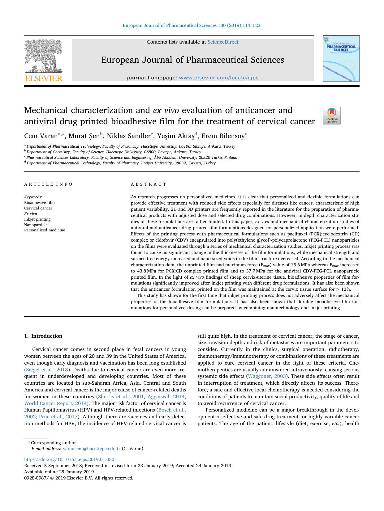 Mechanical characterization and ex vivo evaluation of anticancer and antiviral drug printed bioadhesive film for the treatment of cervical cancer by Cem Varan & Murat Şen & Niklas Sandler & Yeşim Aktaş & Erem Bilensoy
