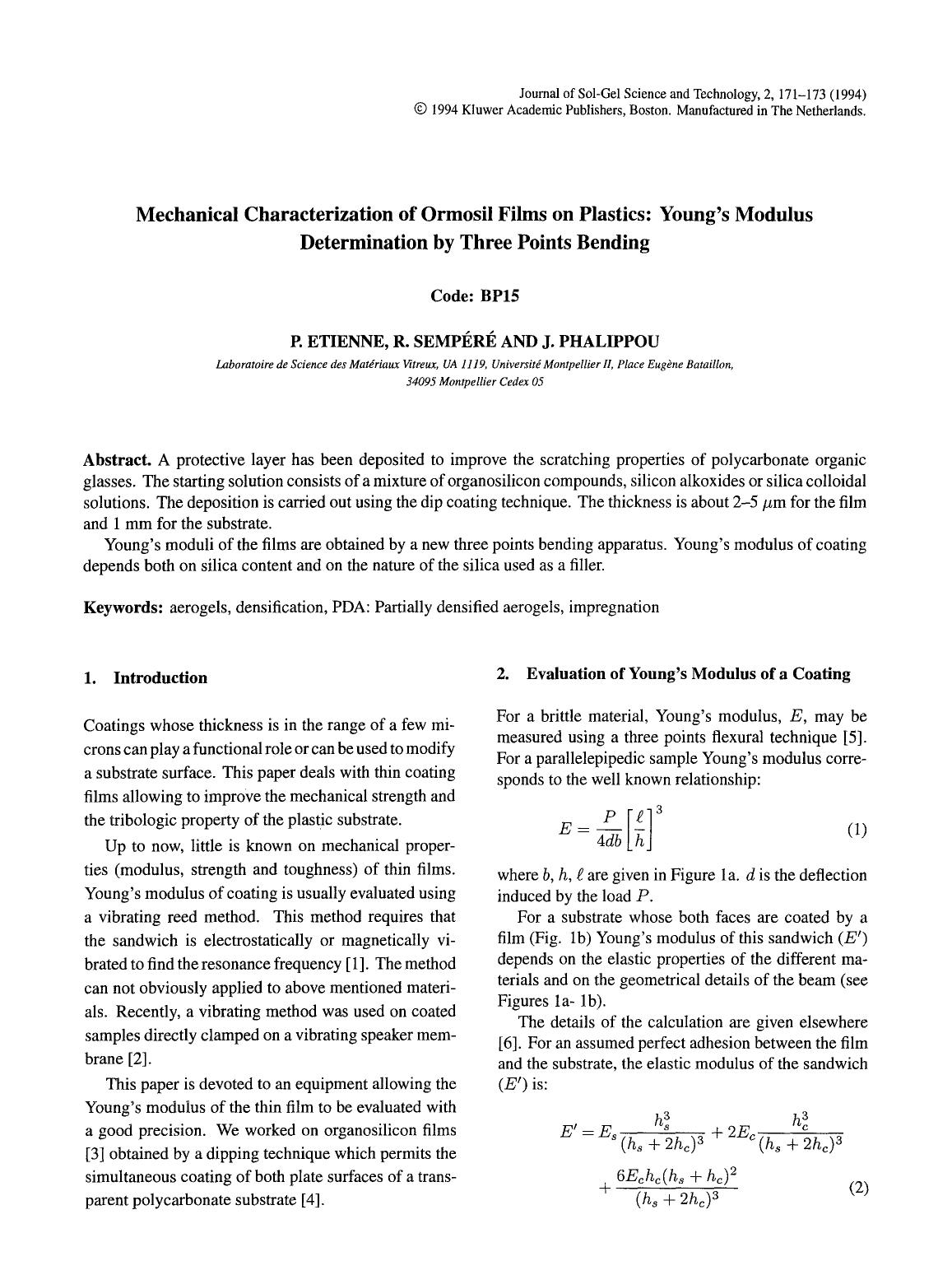 Mechanical characterization of Ormosil films on plastics: Young's modulus determination by three points bending by Unknown