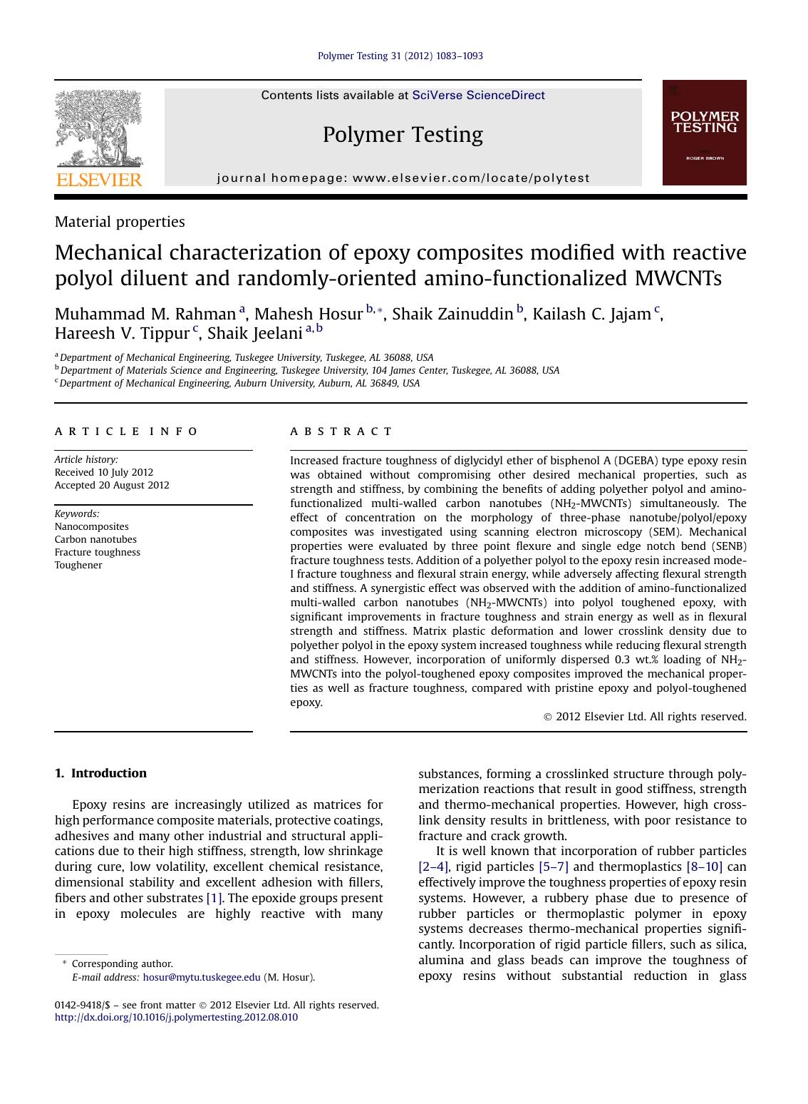 Mechanical characterization of epoxy composites modified with reactive polyol diluent and randomly-oriented amino-functionalized MWCNTs by unknow