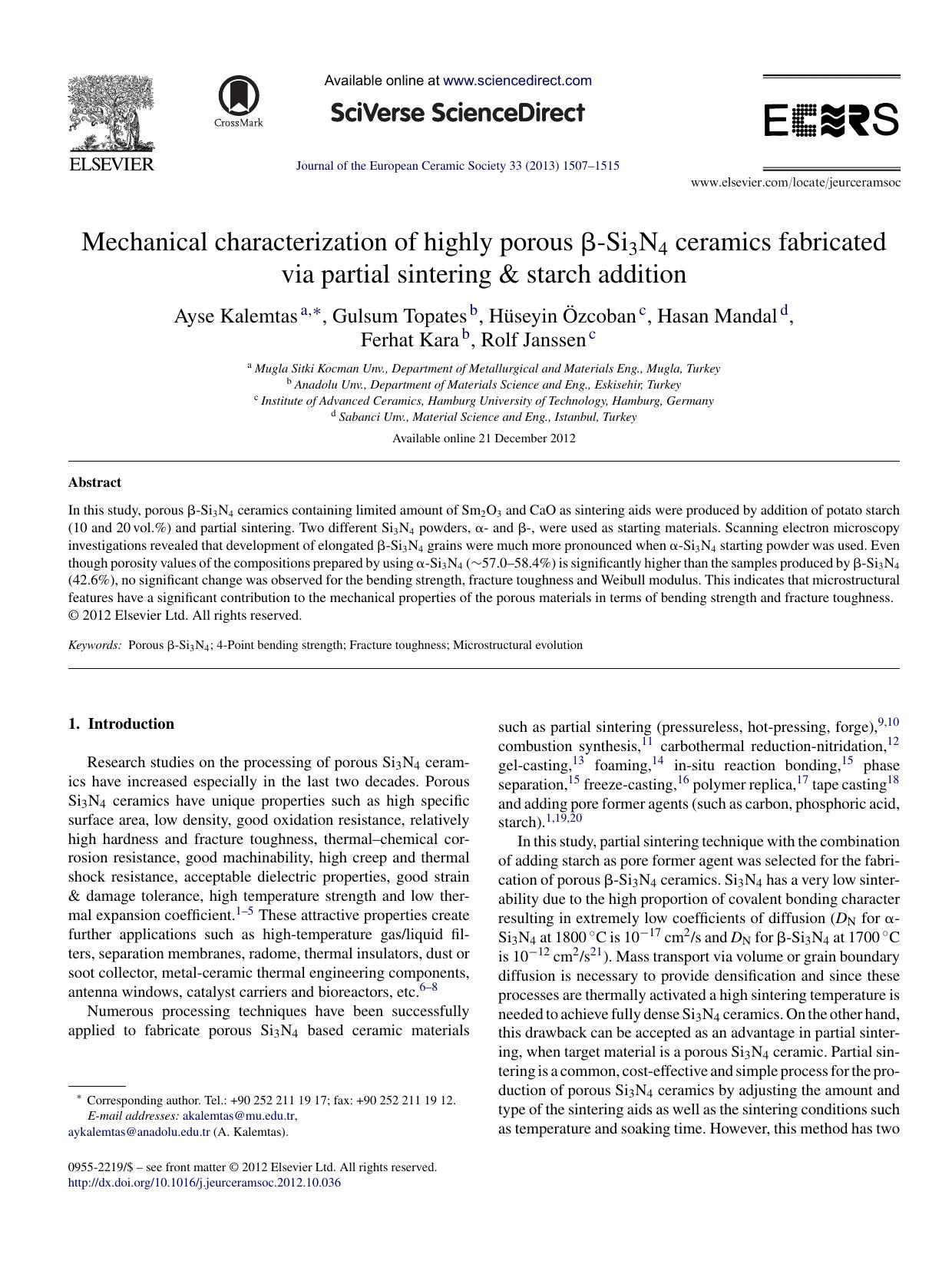 Mechanical characterization of highly porous Î²-Si3N4 ceramics fabricated via partial sintering & starch addition by Ayse Kalemtas & Gulsum Topates & Hüseyin Özcoban & Hasan Mandal & Ferhat Kara & Rolf Janssen