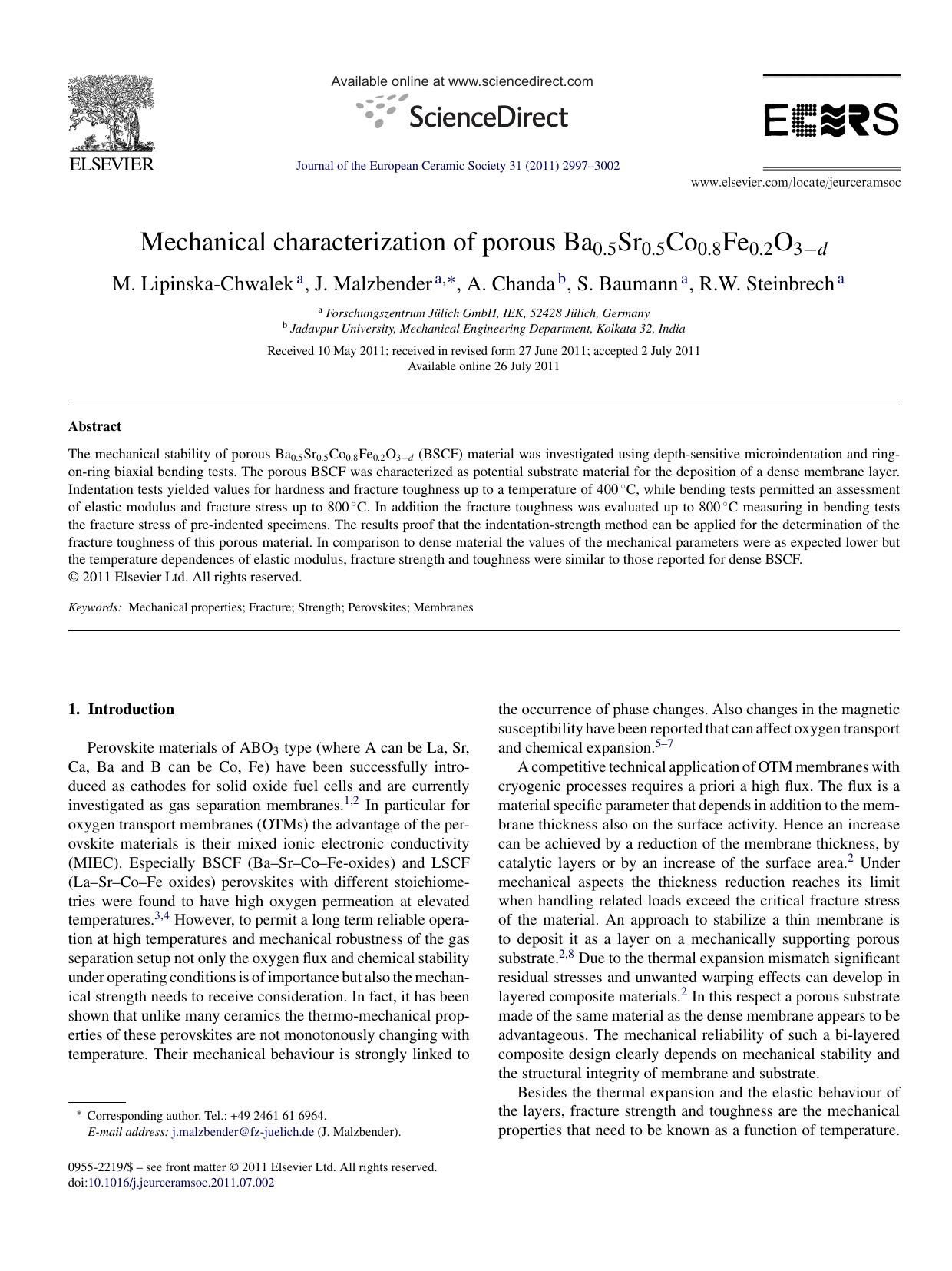 Mechanical characterization of porous Ba0.5Sr0.5Co0.8Fe0.2O3Ã¢Ëâd by M. Lipinska-Chwalek