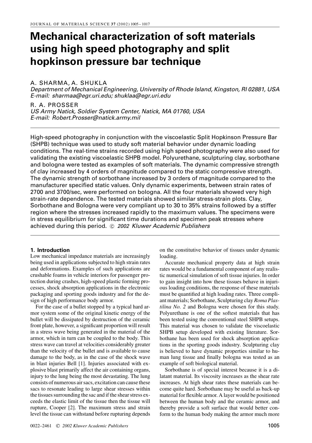 Mechanical characterization of soft materials using high speed photography and split hopkinson pressure bar technique by Unknown