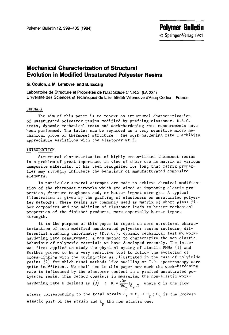 Mechanical characterization of structural evolution in modified unsaturated polyester resins by Unknown