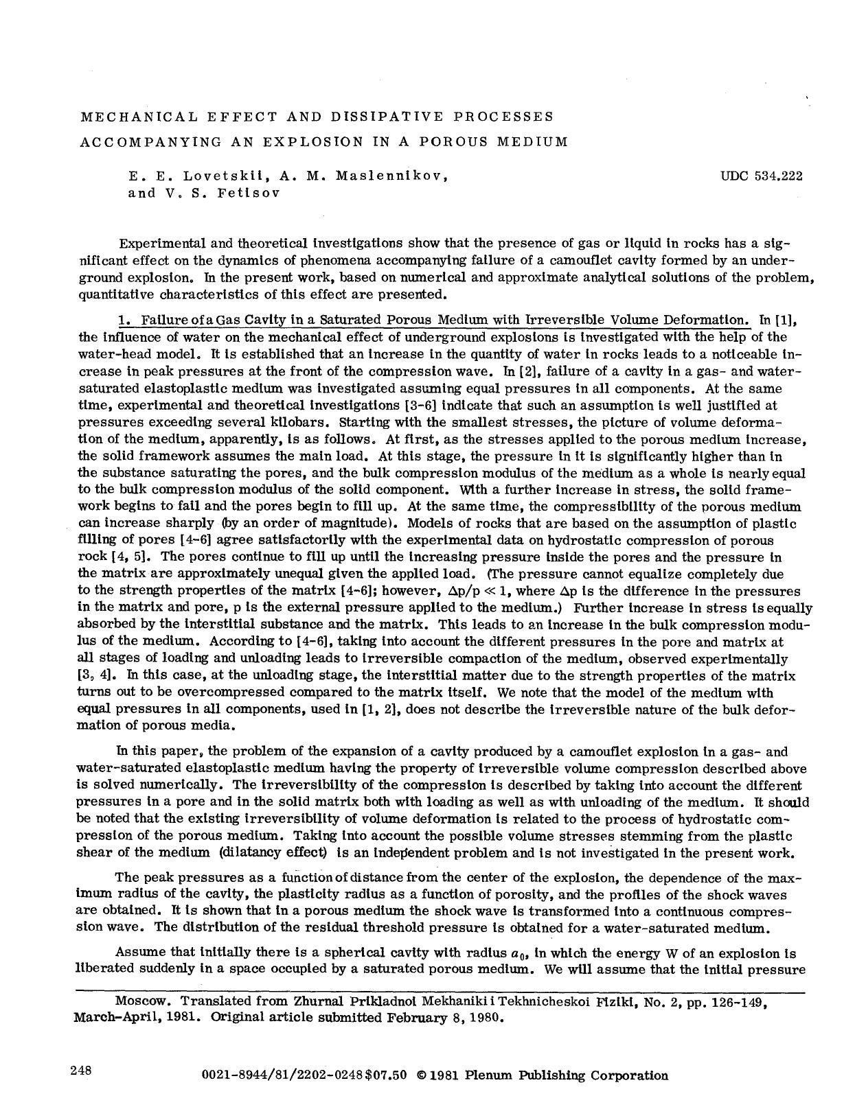 Mechanical effect and dissipative processes accompanying an explosion in a porous medium by Unknown
