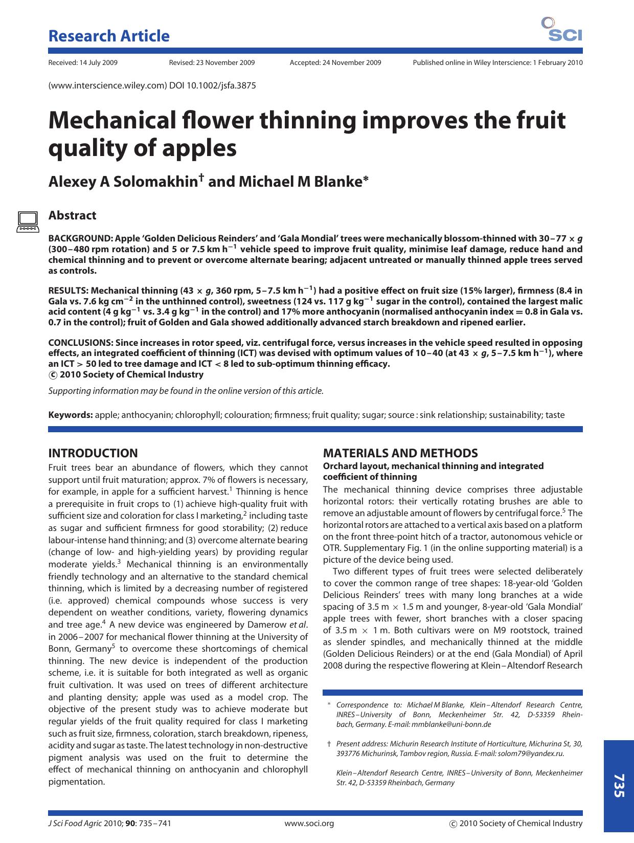 Mechanical flower thinning improves the fruit quality of apples by Unknown