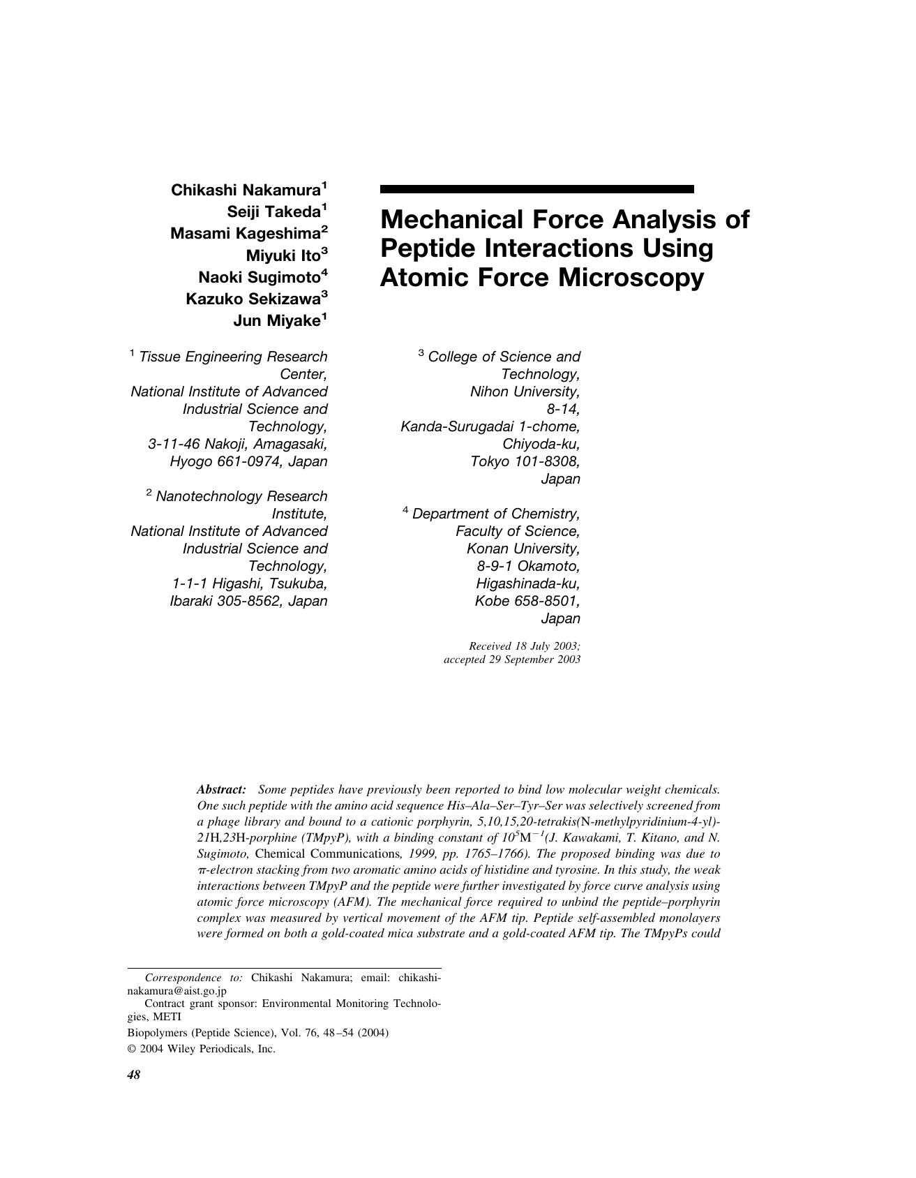Mechanical force analysis of peptide interactions using atomic force microscopy by Unknown