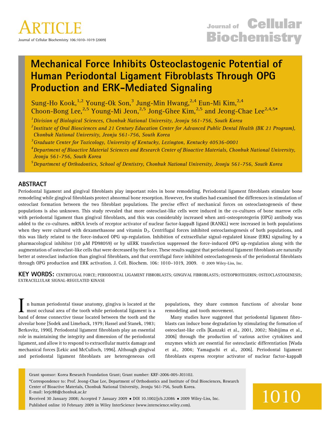 Mechanical force inhibits osteoclastogenic potential of human periodontal ligament fibroblasts through OPG production and ERK-mediated signaling by Unknown