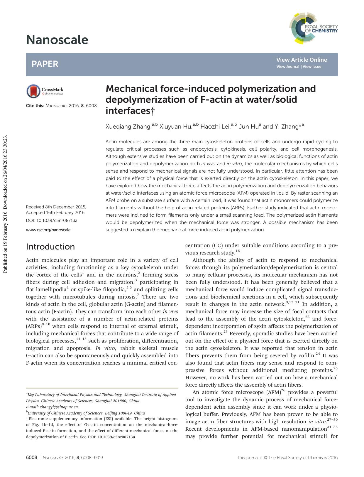 Mechanical force-induced polymerization and depolymerization of F-actin at watersolid interfaces by Xueqiang Zhang Xiuyuan Hu Haozhi Lei Jun Hu Yi Zhang