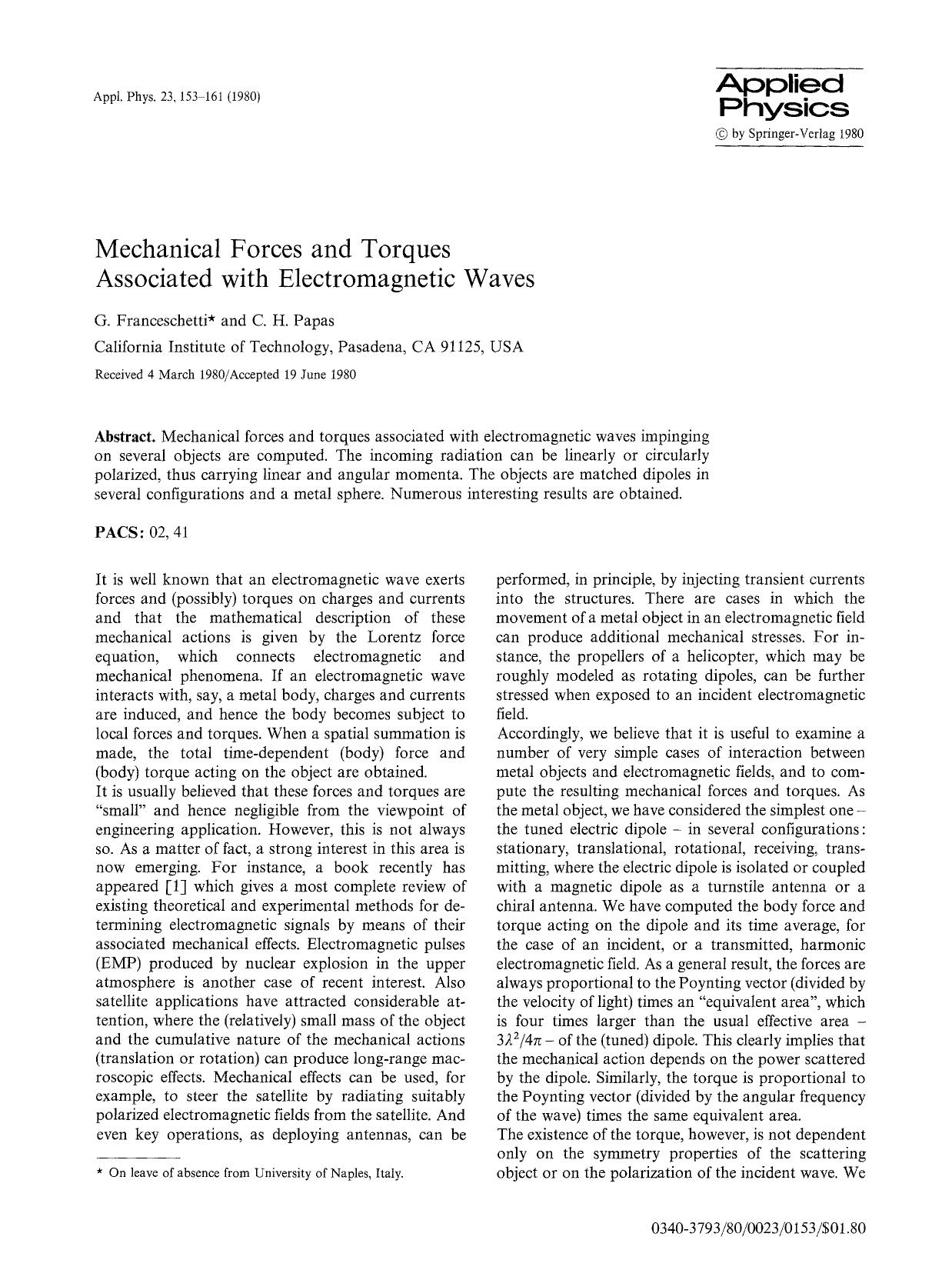 Mechanical forces and torques associated with electromagnetic waves by Unknown
