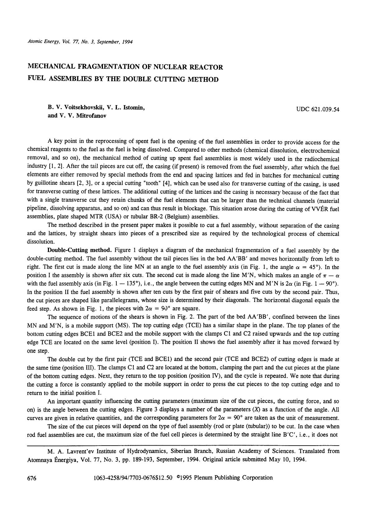 Mechanical fragmentation of nuclear reactor fuel assemblies by the double cutting method by Unknown