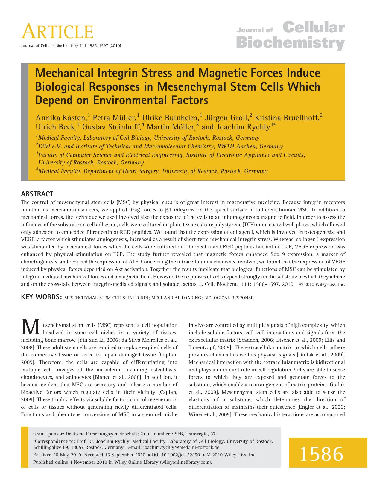 Mechanical integrin stress and magnetic forces induce biological responses in mesenchymal stem cells which depend on environmental factors by Unknown