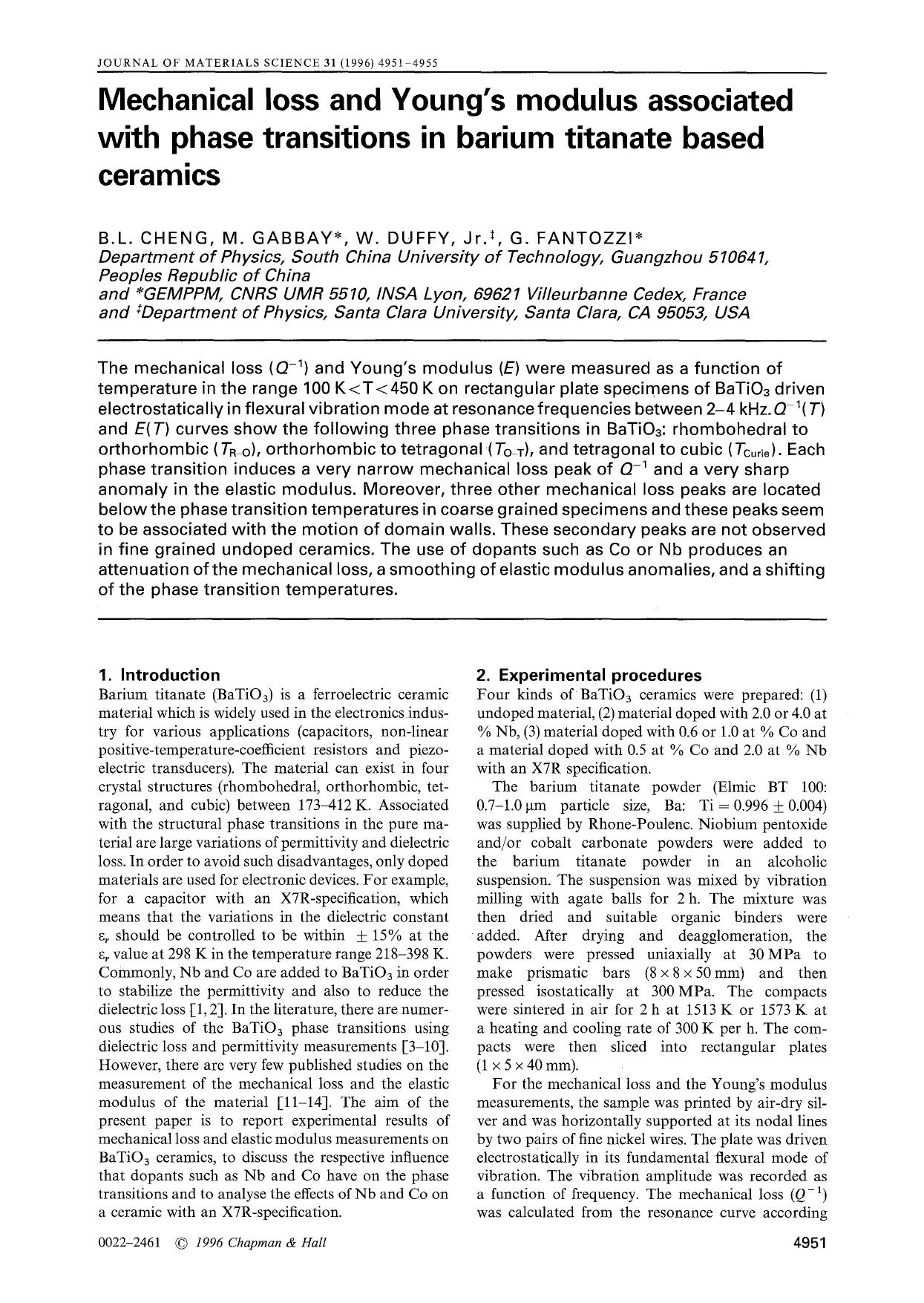 Mechanical loss and Young's modulus associated with phase transitions in barium titanate based ceramics by Unknown