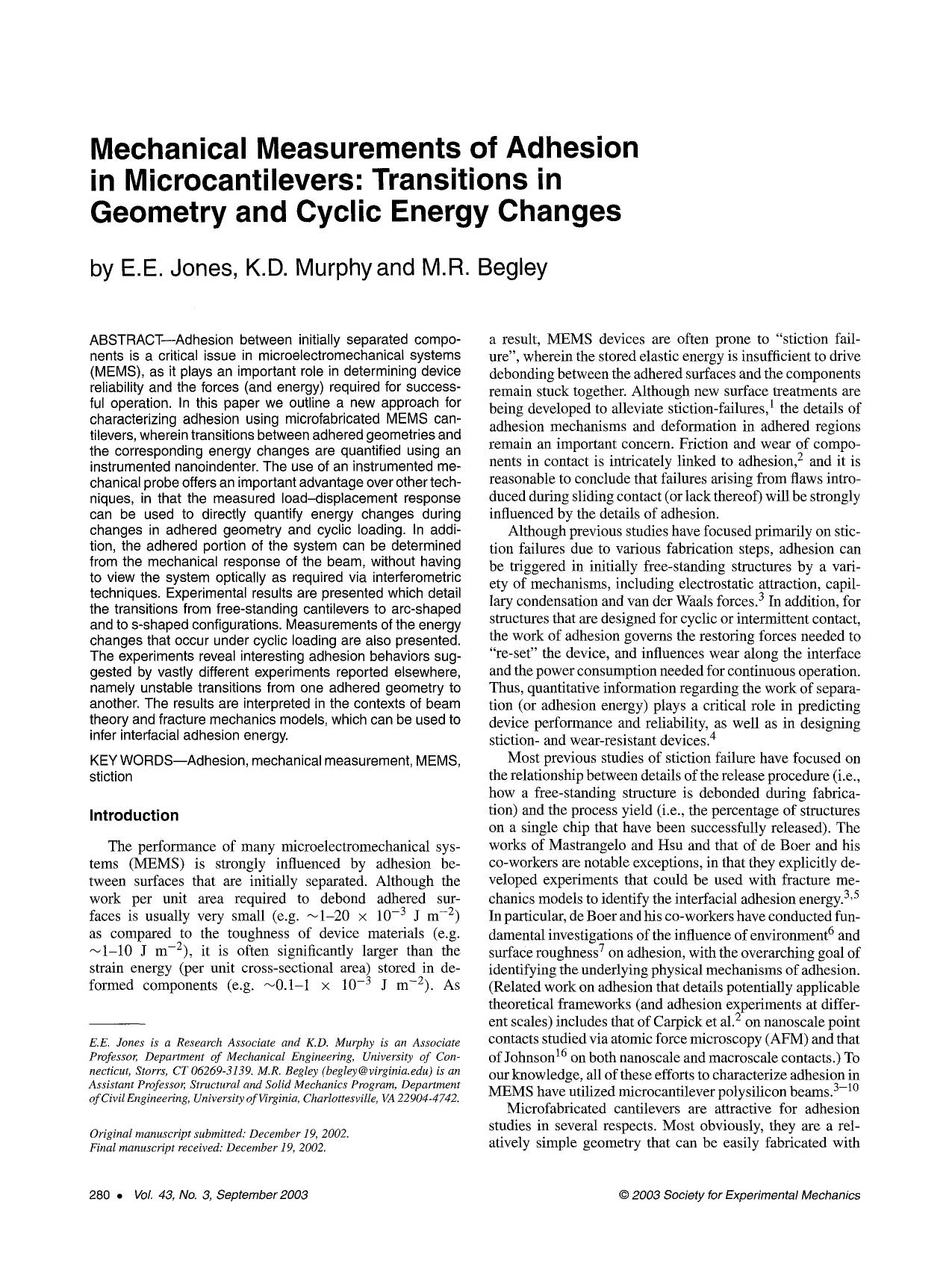 Mechanical measurements of adhesion in microcantilevers: Transitions in geometry and cyclic energy changes by Unknown