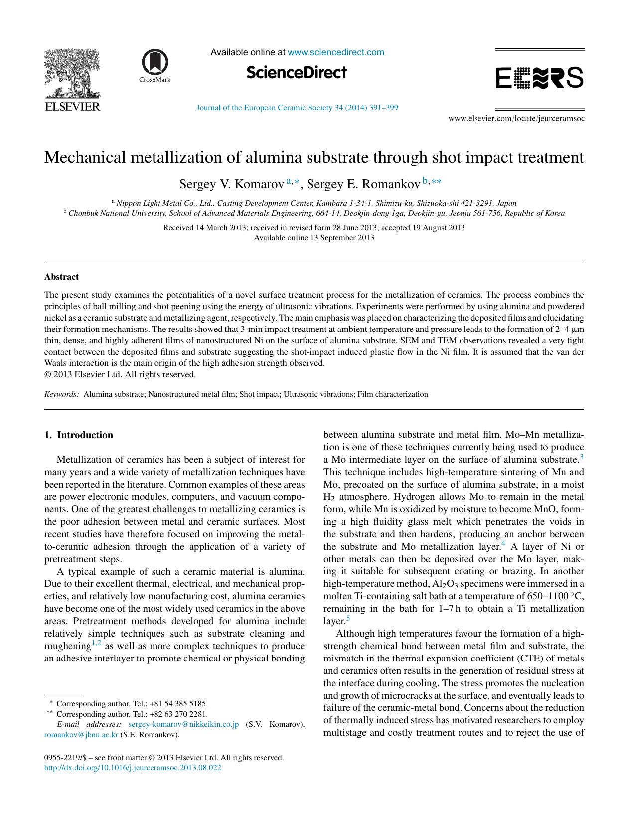 Mechanical metallization of alumina substrate through shot impact treatment by Sergey V. Komarov & Sergey E. Romankov
