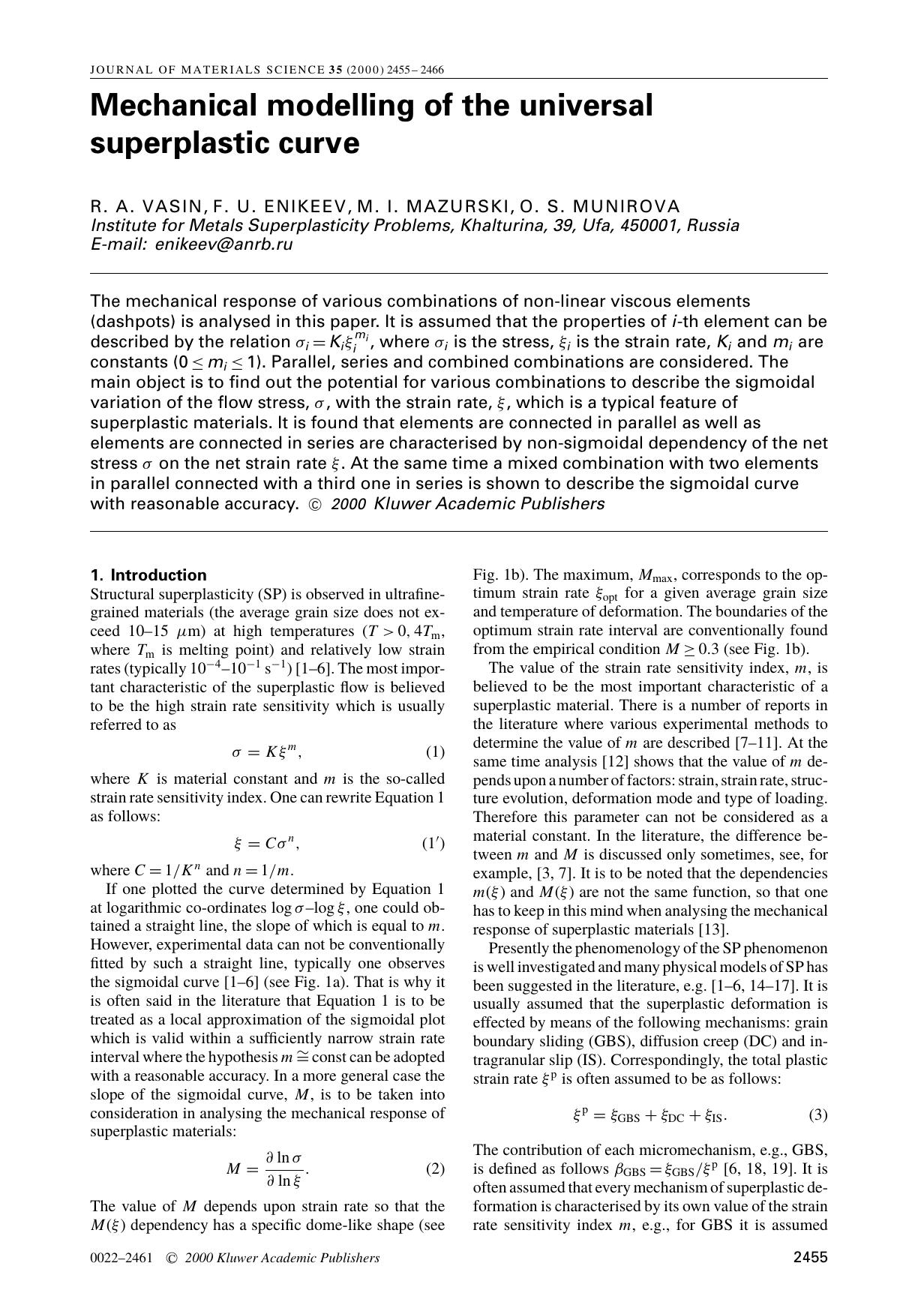 Mechanical modelling of the universal superplastic curve by Unknown