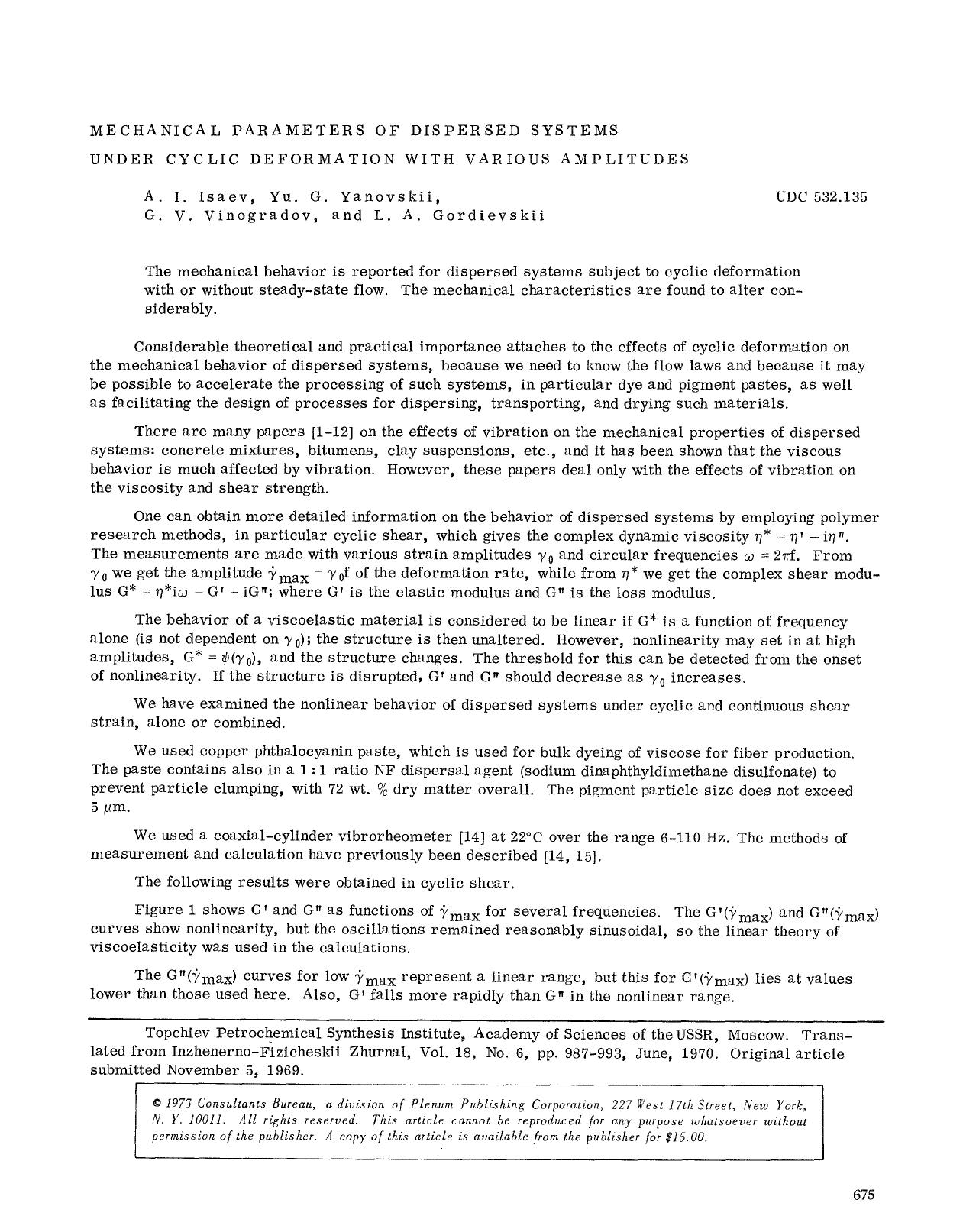 Mechanical parameters of dispersed systems under cyclic deformation with various amplitudes by Unknown