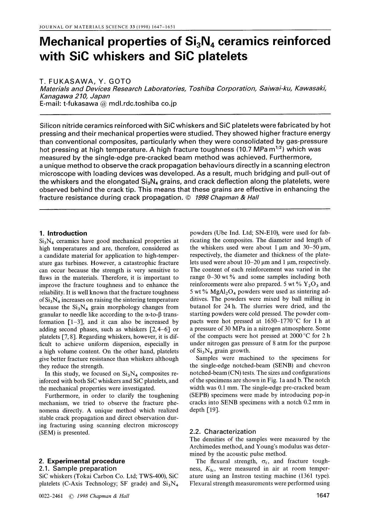 Mechanical properties Of Si3N4 cerarnics reinforced with SiC whiskers and SiC platelets by Unknown