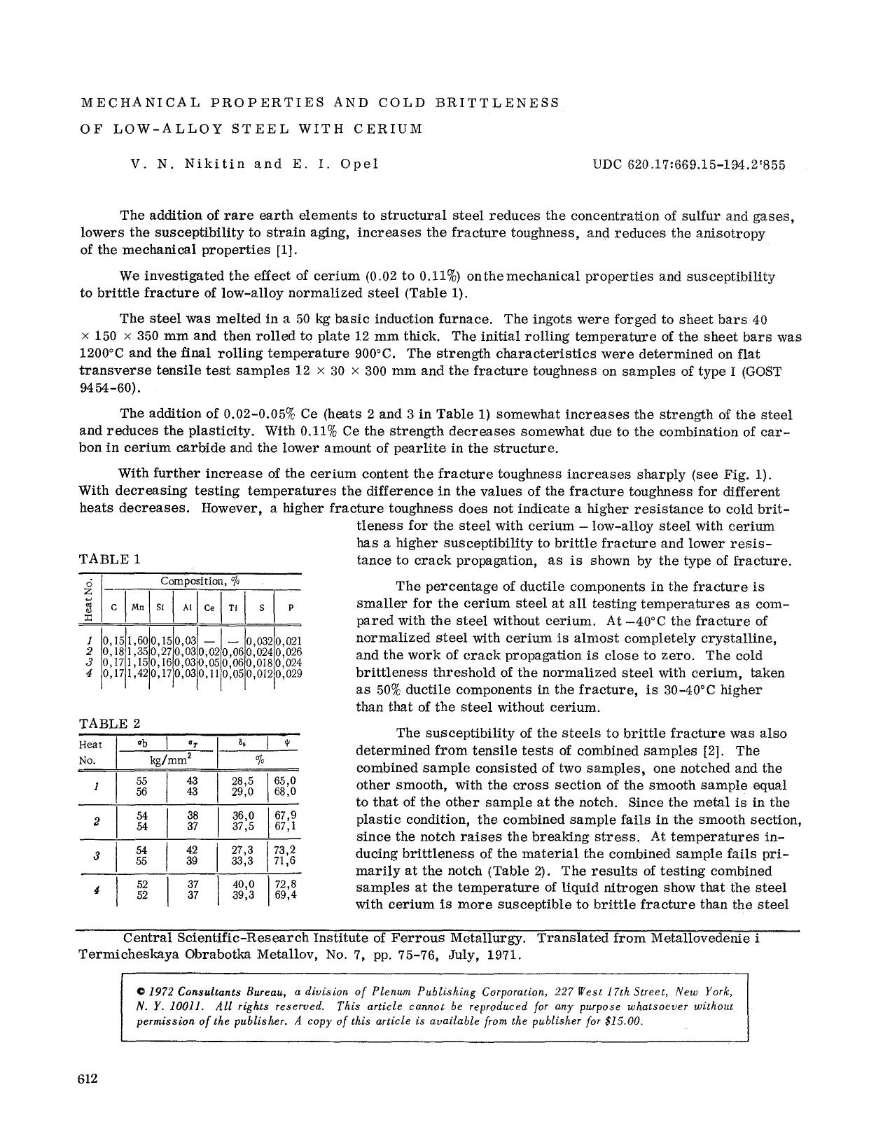 Mechanical properties and cold brittleness of low-alloy steel with cerium by Unknown