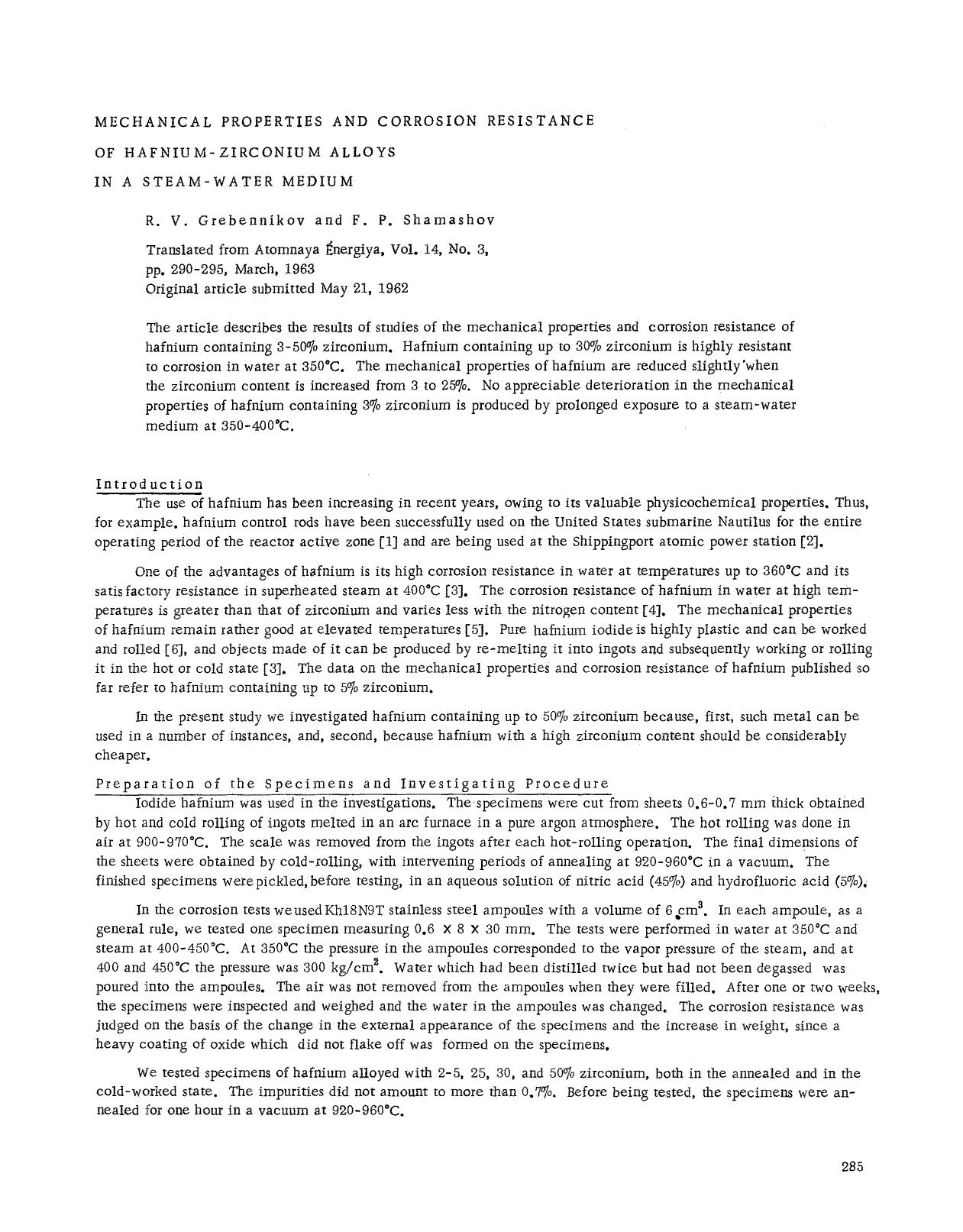 Mechanical properties and corrosion resistance of hafnium-zirconium alloys in a steam-water medium by Unknown