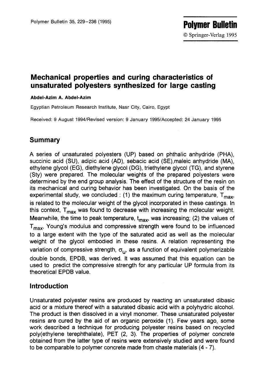 Mechanical properties and curing characteristics of unsaturated polyesters synthesized for large casting by Unknown