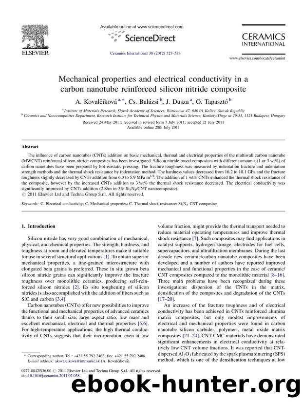 Mechanical properties and electrical conductivity in a carbon nanotube reinforced silicon nitride composite by A. Kovalčíková