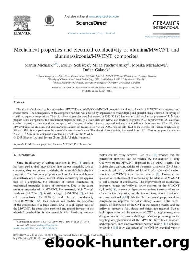 Mechanical properties and electrical conductivity of aluminaMWCNT and aluminazirconiaMWCNT composites by Martin Michálek & Jaroslav Sedláček & Milan Parchoviansky & Monika Michálková & Dušan Galusek