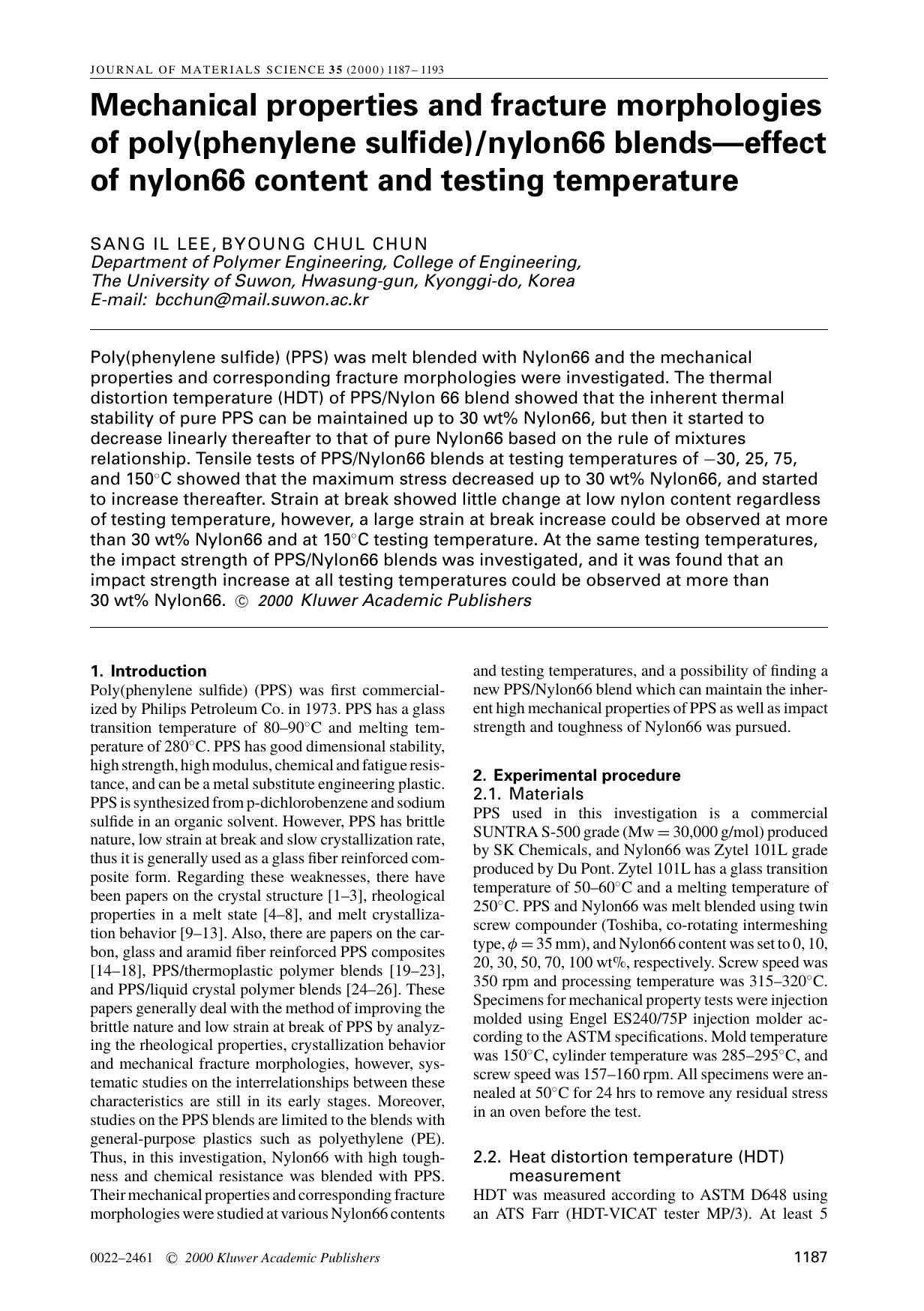 Mechanical properties and fracture morphologies of poly(phenylene sulfide)nylon66 blends—effect of nylon66 content and testing temperature by Unknown