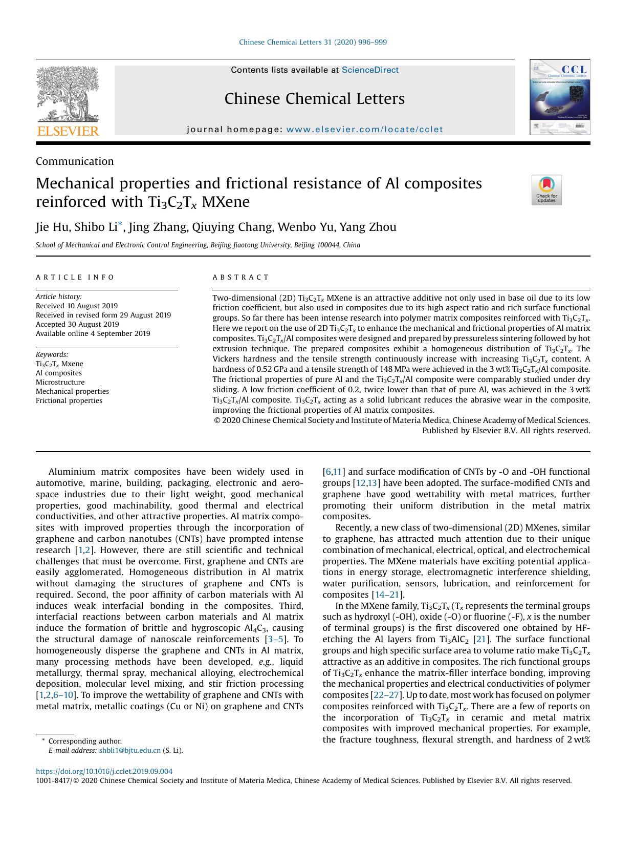 Mechanical properties and frictional resistance of Al composites reinforced with Ti3C2Tx MXene by Jie Hu & Shibo Li & Jing Zhang & Qiuying Chang & Wenbo Yu & Yang Zhou