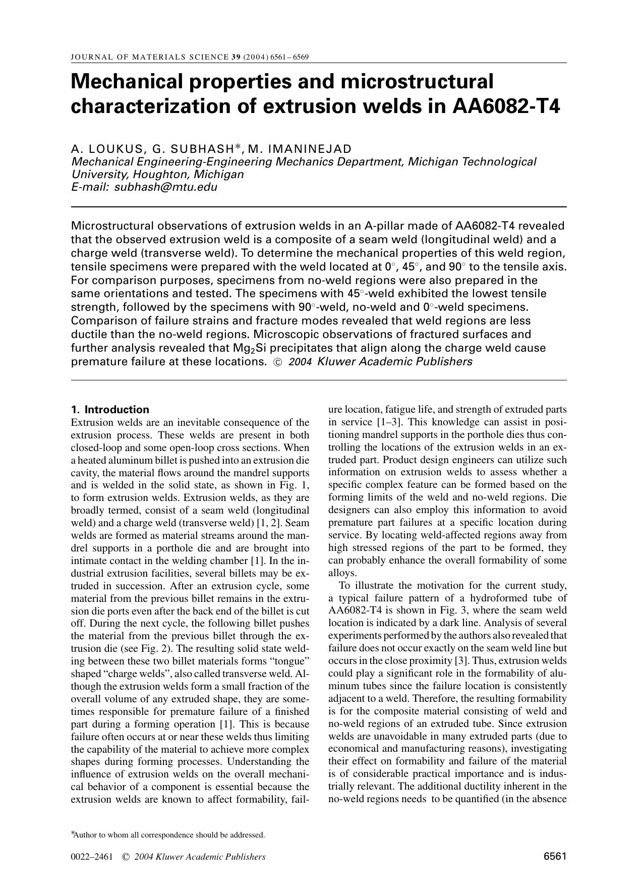 Mechanical properties and microstructural characterization of extrusion welds in AA6082-T4 by Unknown