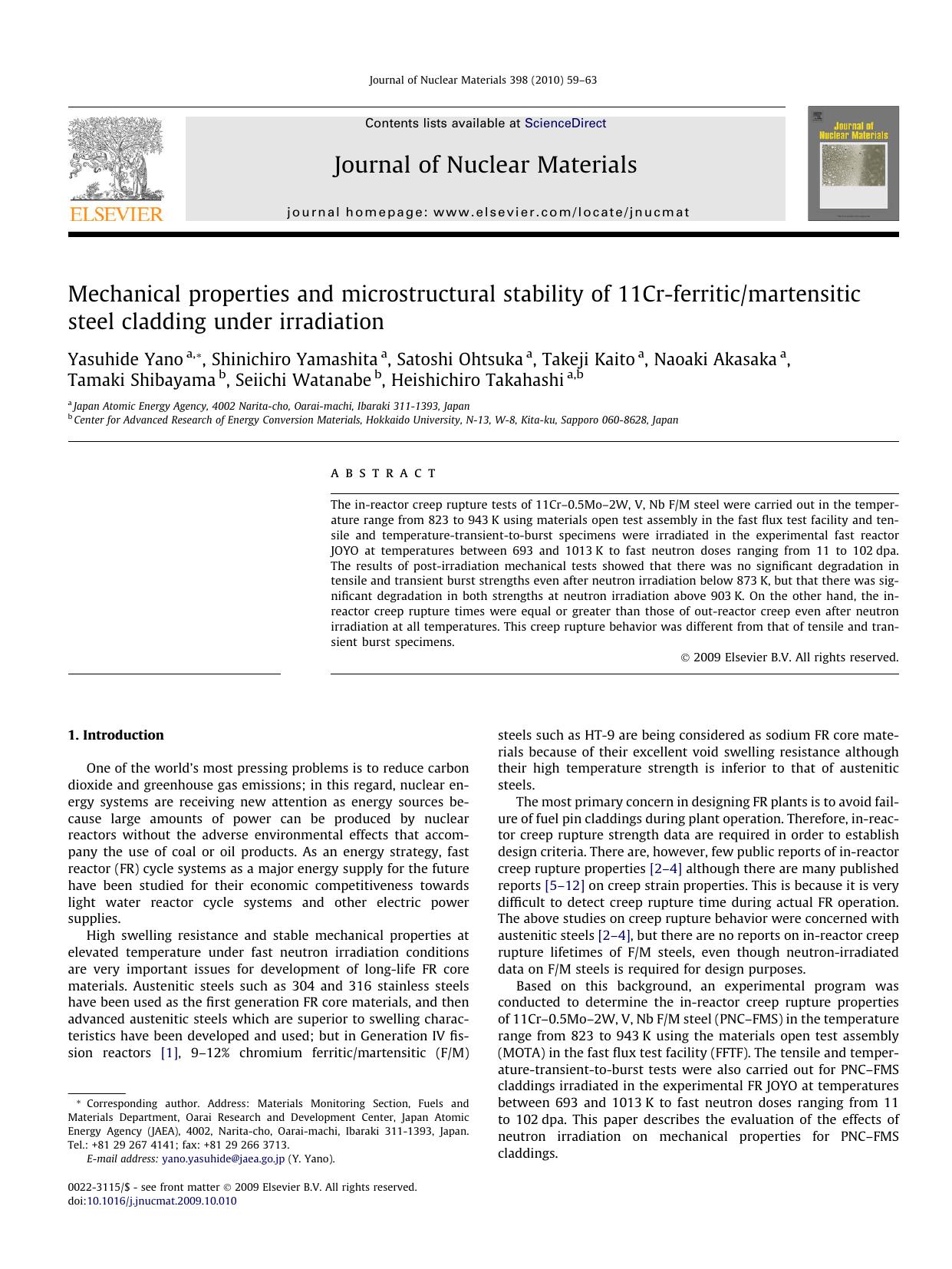 Mechanical properties and microstructural stability of 11Cr-ferriticmartensitic steel cladding under irradiation by unknow