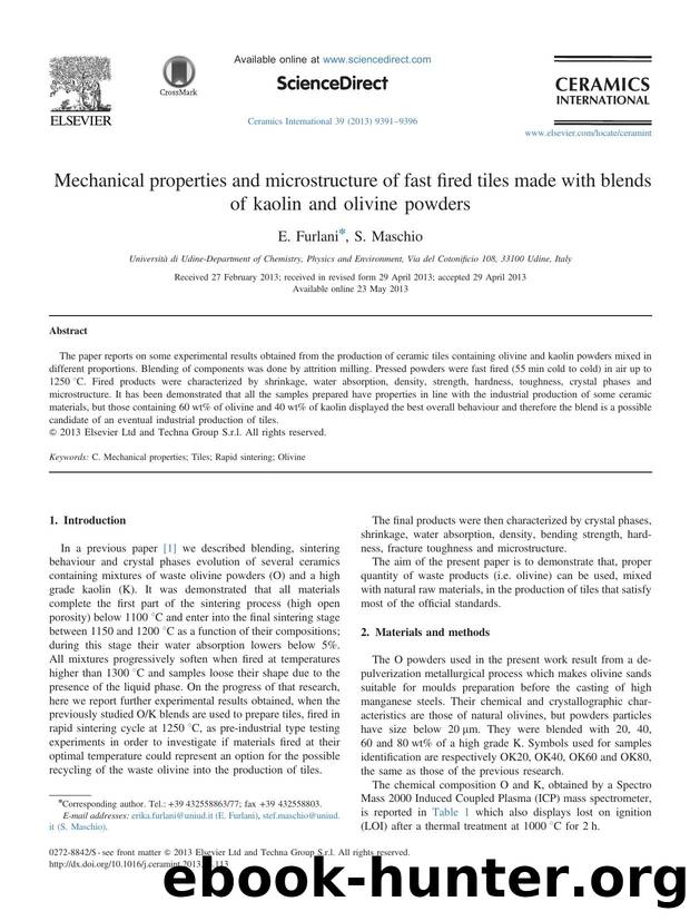 Mechanical properties and microstructure of fast fired tiles made with blends of kaolin and olivine powders by E. Furlani & S. Maschio