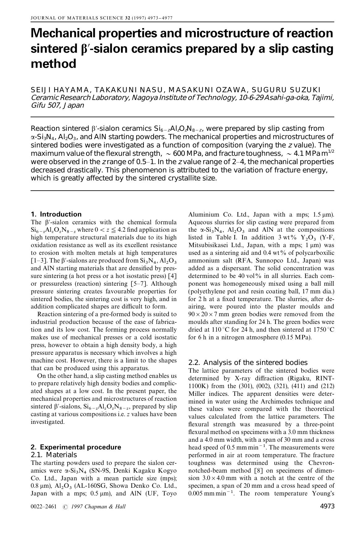 Mechanical properties and microstructure of reaction sintered β′-sialon ceramics prepared by a slip casting method by Unknown