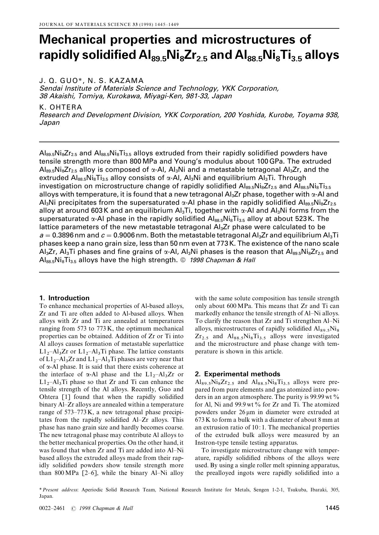 Mechanical properties and microstructures of rapidly solidified Al89.5Ni8Zr2.5 and Al88.5Ni8Ti3.5 alloys by Unknown