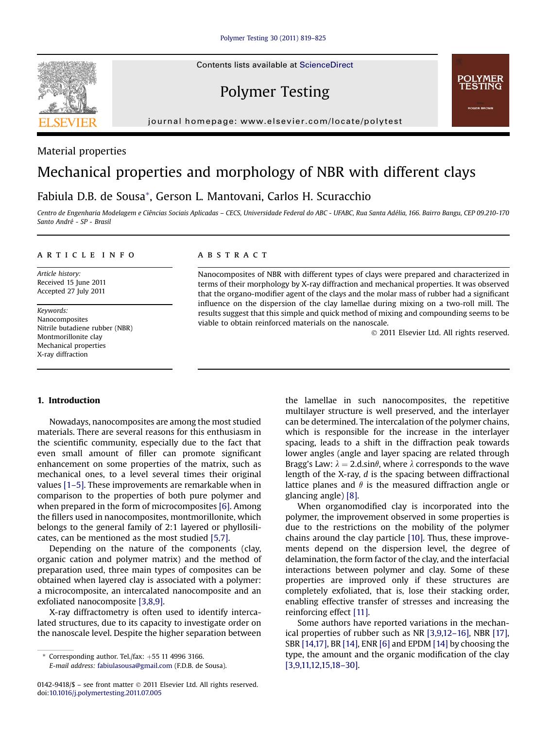 Mechanical properties and morphology of NBR with different clays by Fabiula D.B. de Sousa & Gerson L. Mantovani & Carlos H. Scuracchio