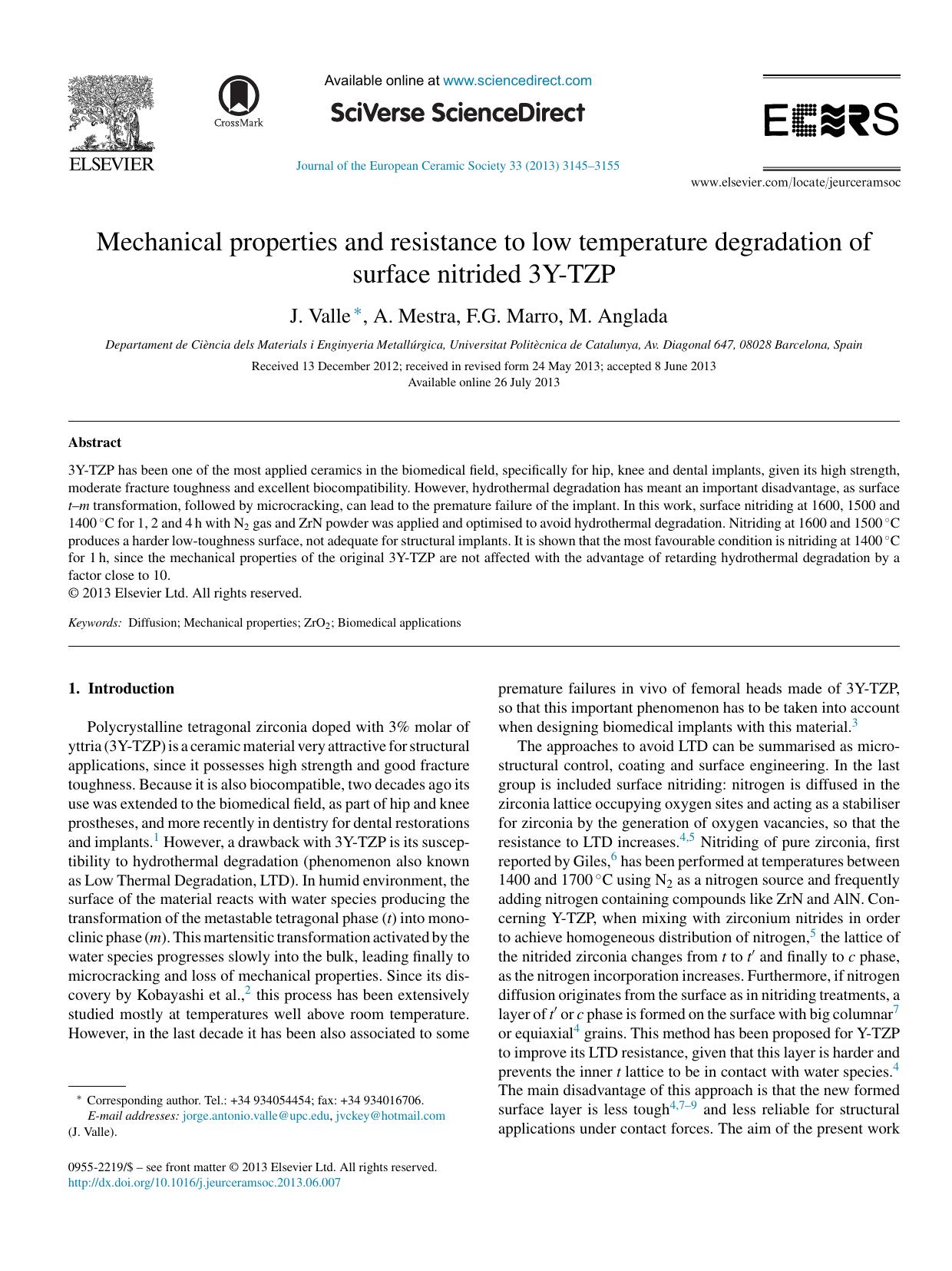 Mechanical properties and resistance to low temperature degradation of surface nitrided 3Y-TZP by J. Valle