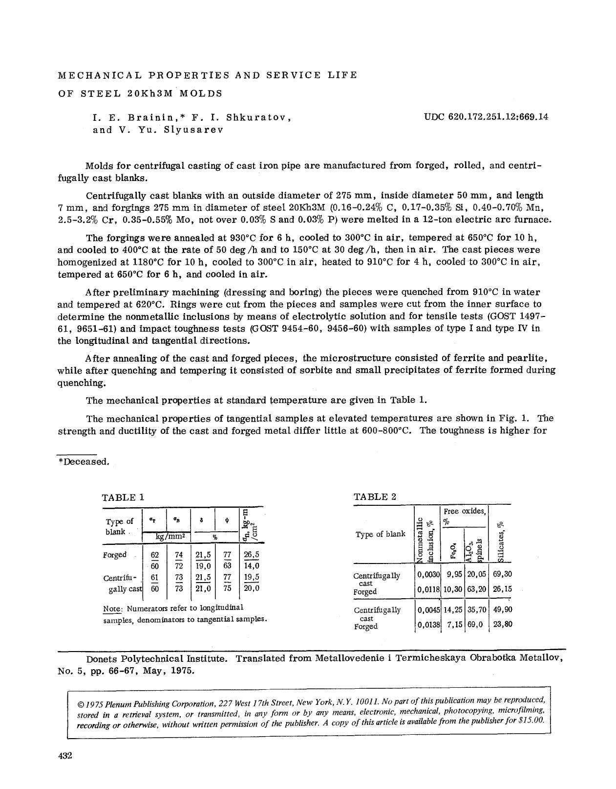 Mechanical properties and service life of steel 20Kh3M molds by Unknown