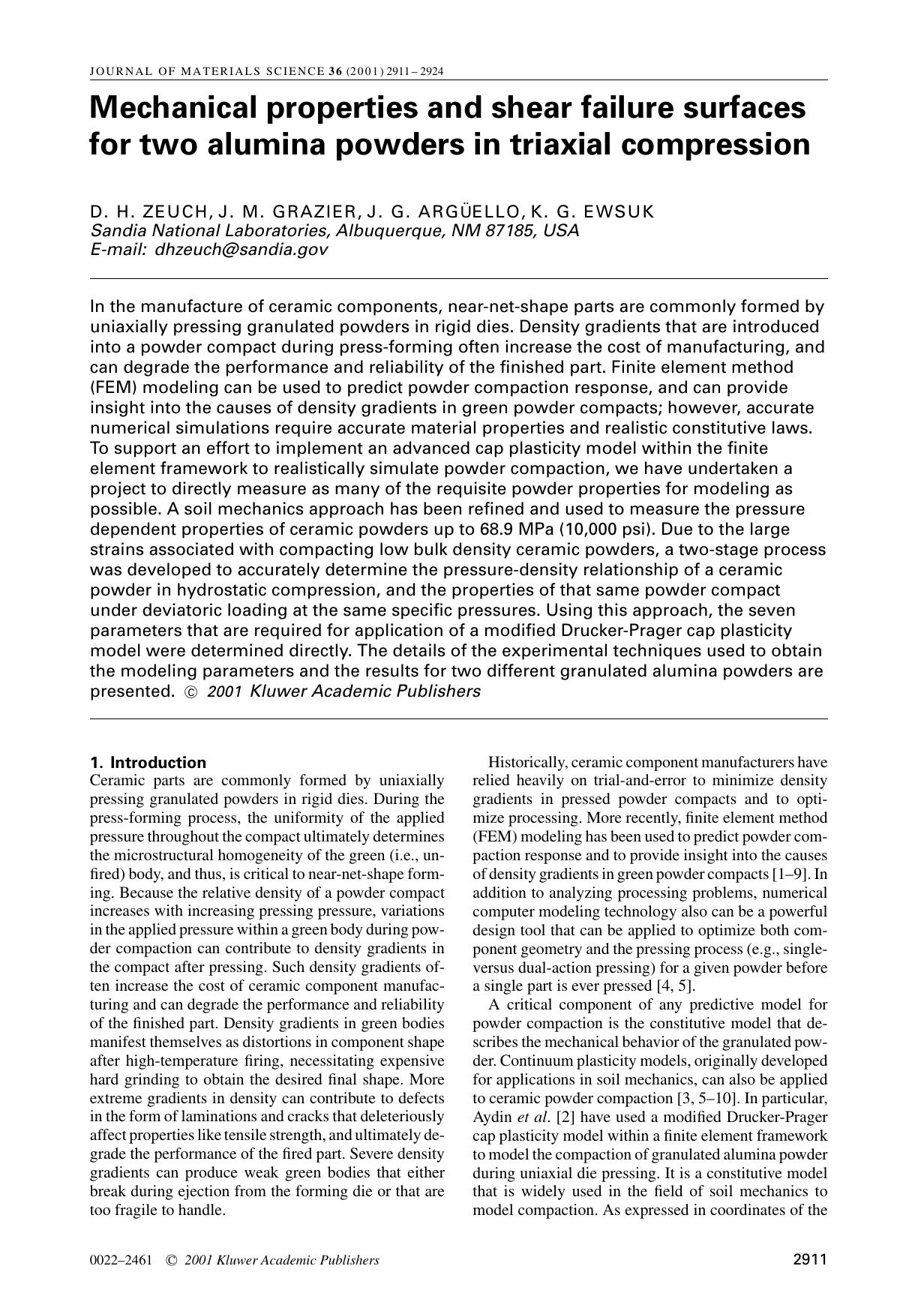 Mechanical properties and shear failure surfaces for two alumina powders in triaxial compression by Unknown
