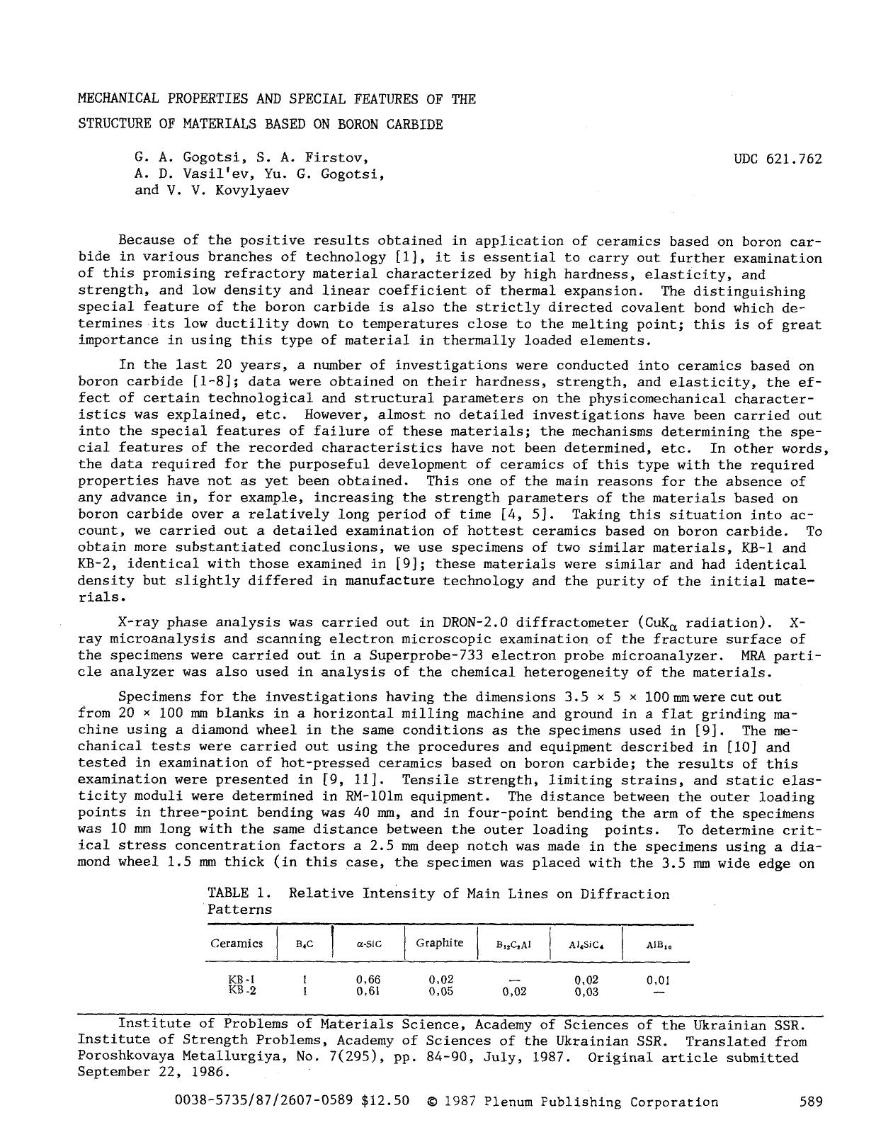 Mechanical properties and special features of the structure of materials based on boron carbide by Unknown