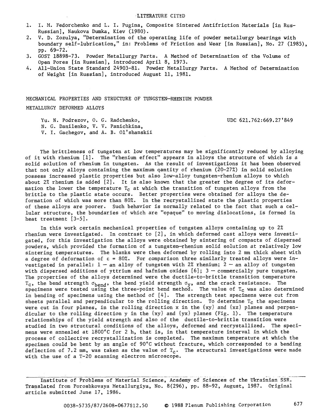 Mechanical properties and structure of tungsten-rhenium powder metallurgy deformed alloys by Unknown