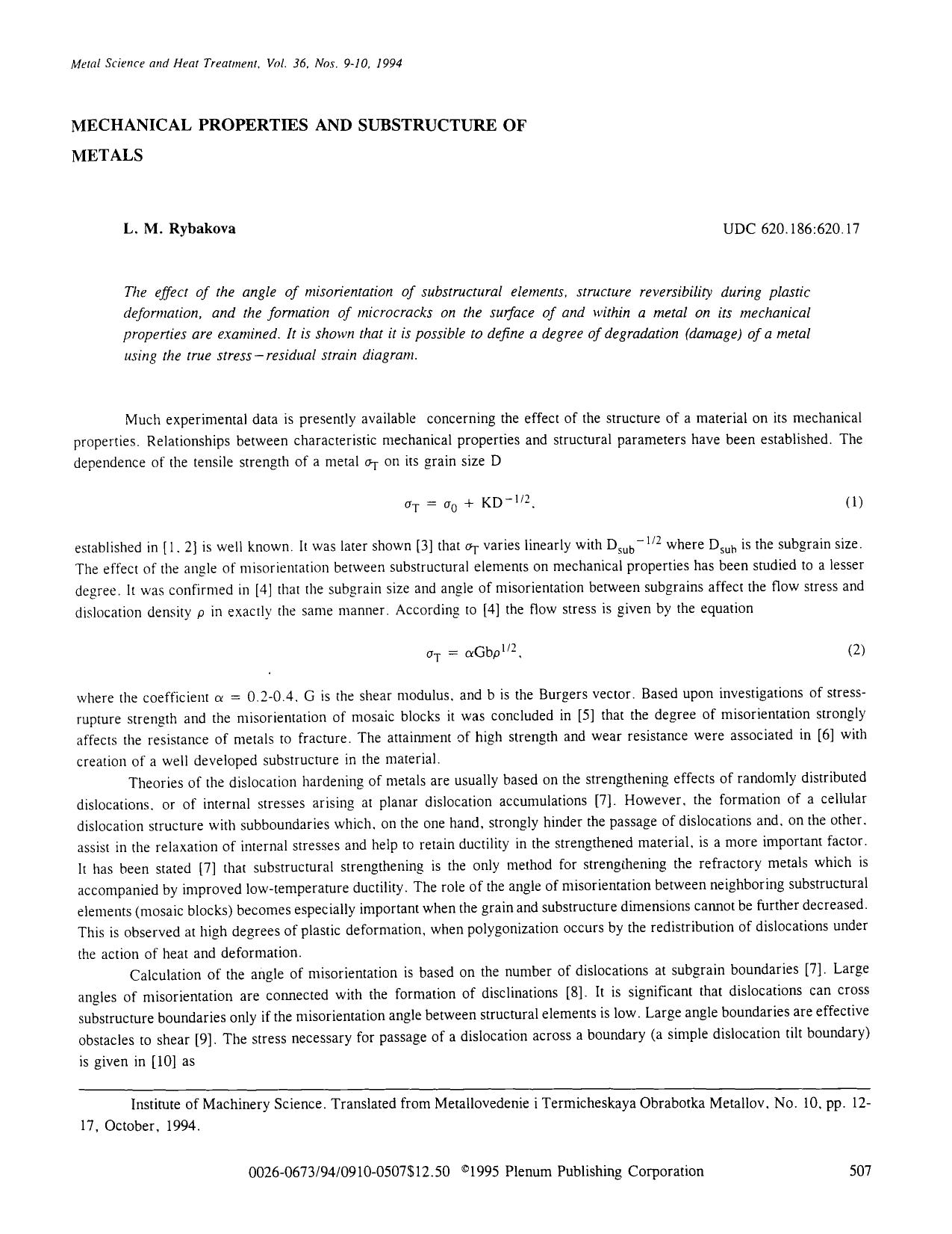 Mechanical properties and substructure of metals by Unknown