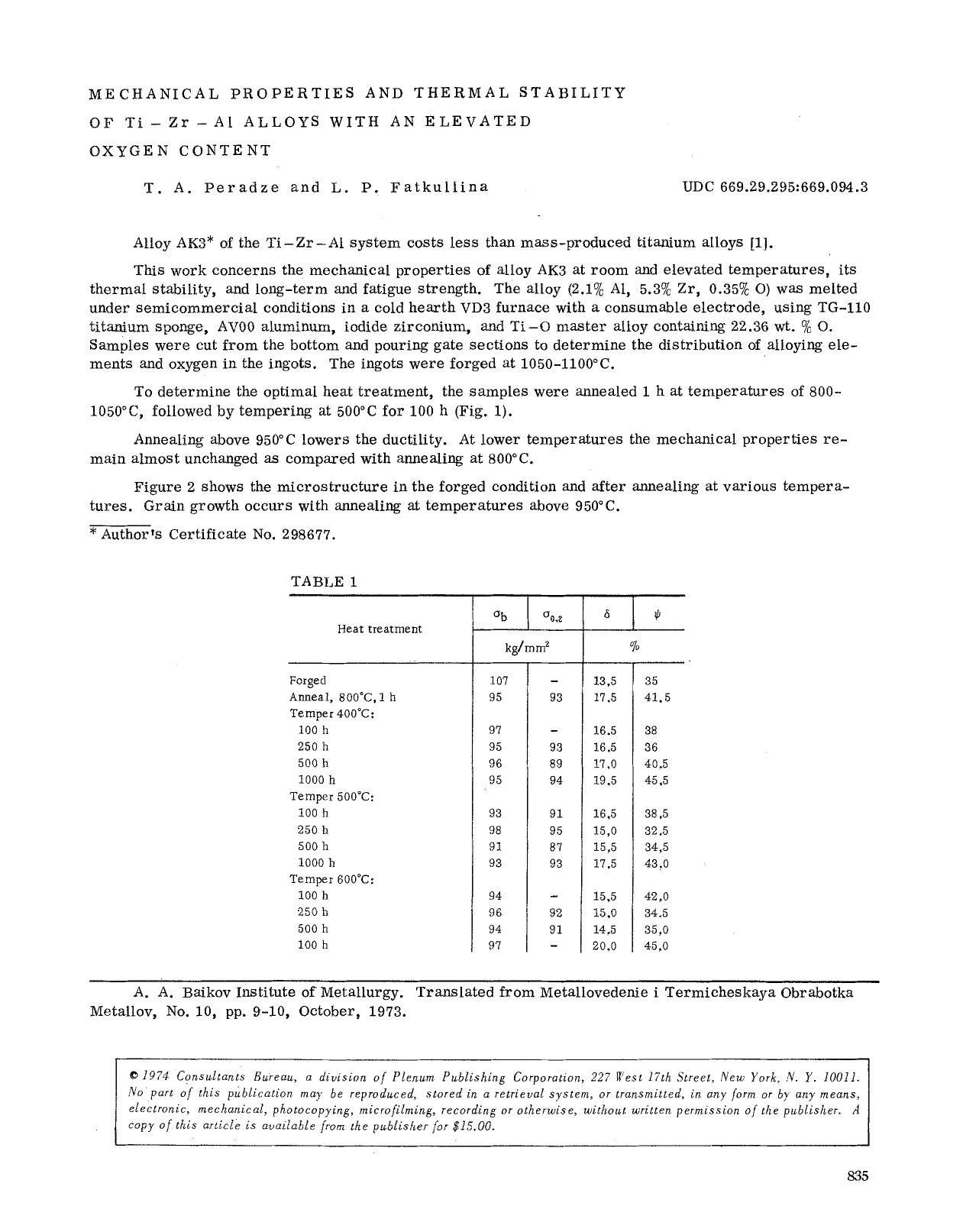Mechanical properties and thermal stability of Ti−Zr−Al alloys with an elevated oxygen content by Unknown