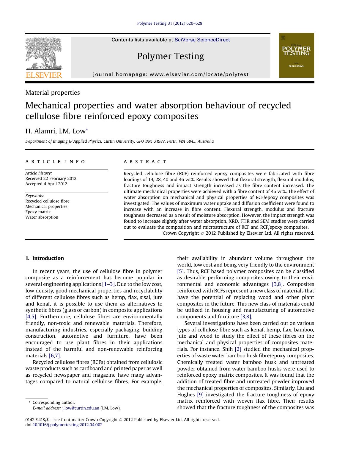 Mechanical properties and water absorption behaviour of recycled cellulose fibre reinforced epoxy composites by H. Alamri & I.M. Low